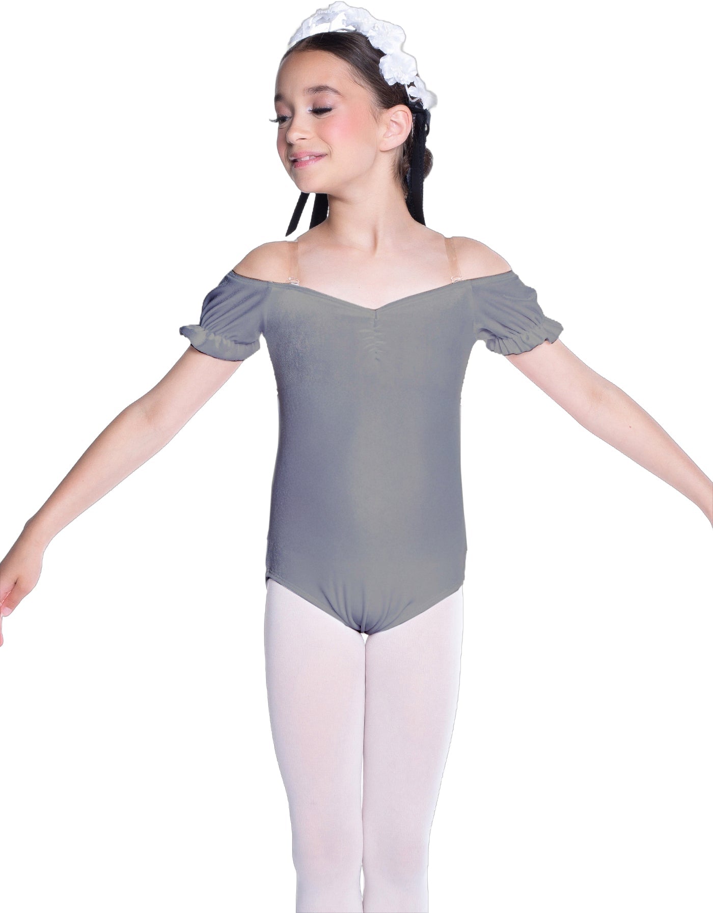Solid Lycra Puff Sleeve Off the Shoulder Peasant Leotard