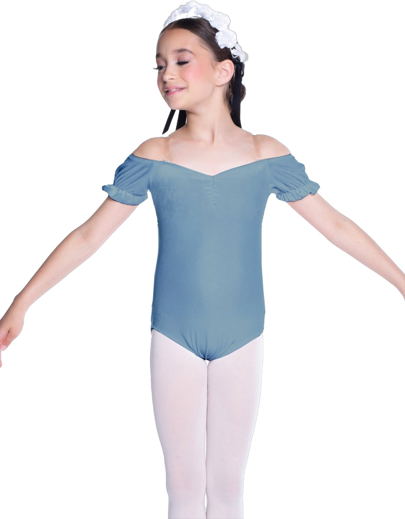 Solid Lycra Puff Sleeve Off the Shoulder Peasant Leotard