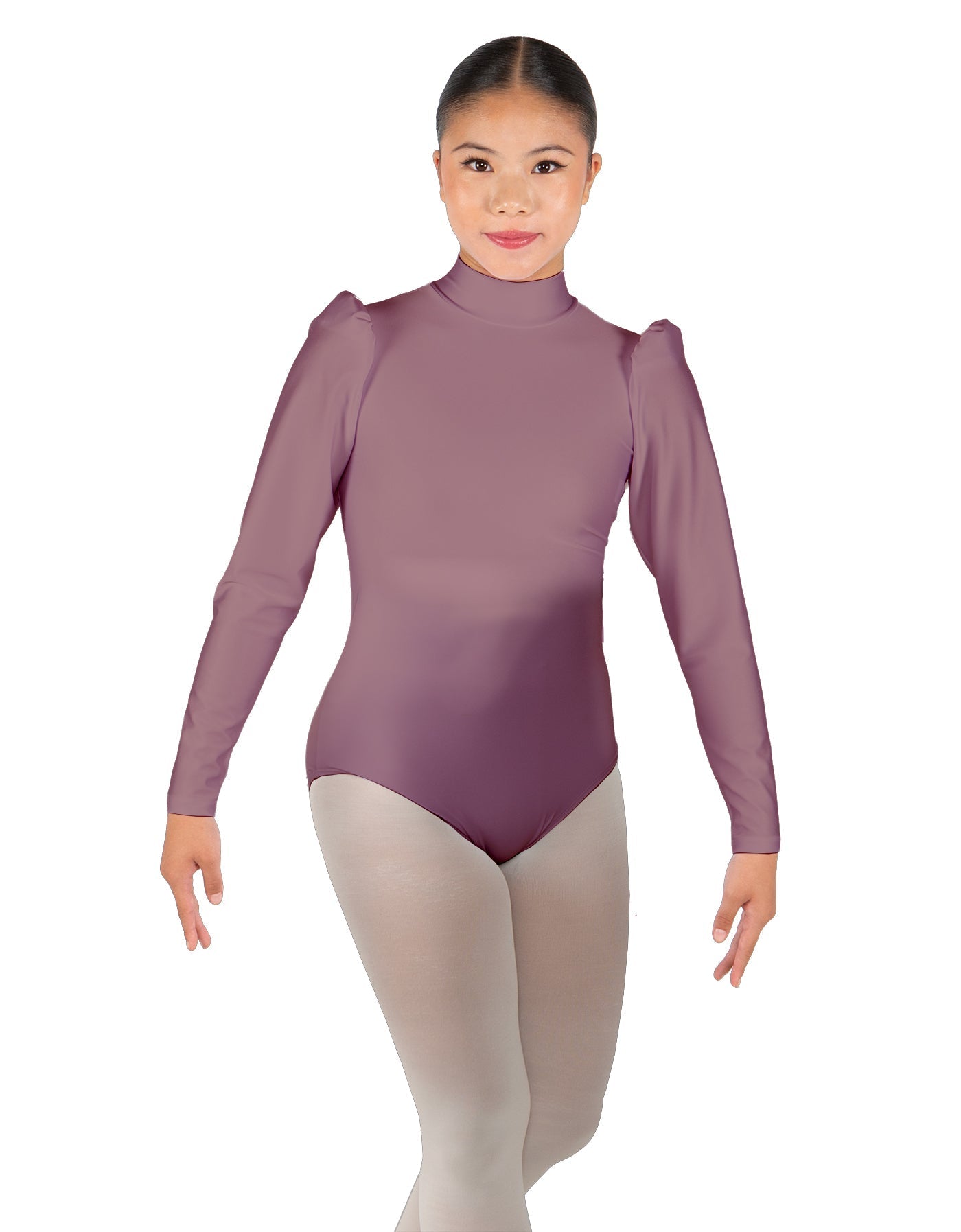 Solid Lycra Long Puff Sleeve with Tneck and Zipper Back Leotard