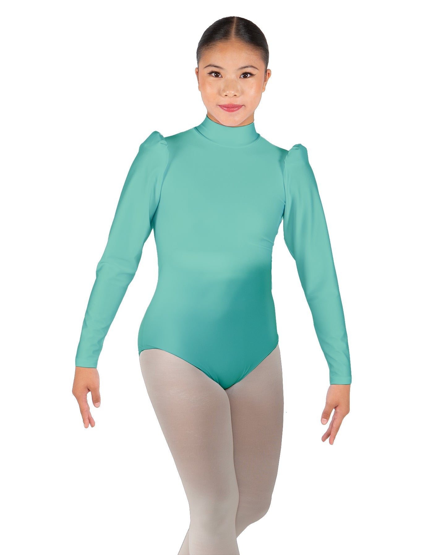 Solid Lycra Long Puff Sleeve with Tneck and Zipper Back Leotard