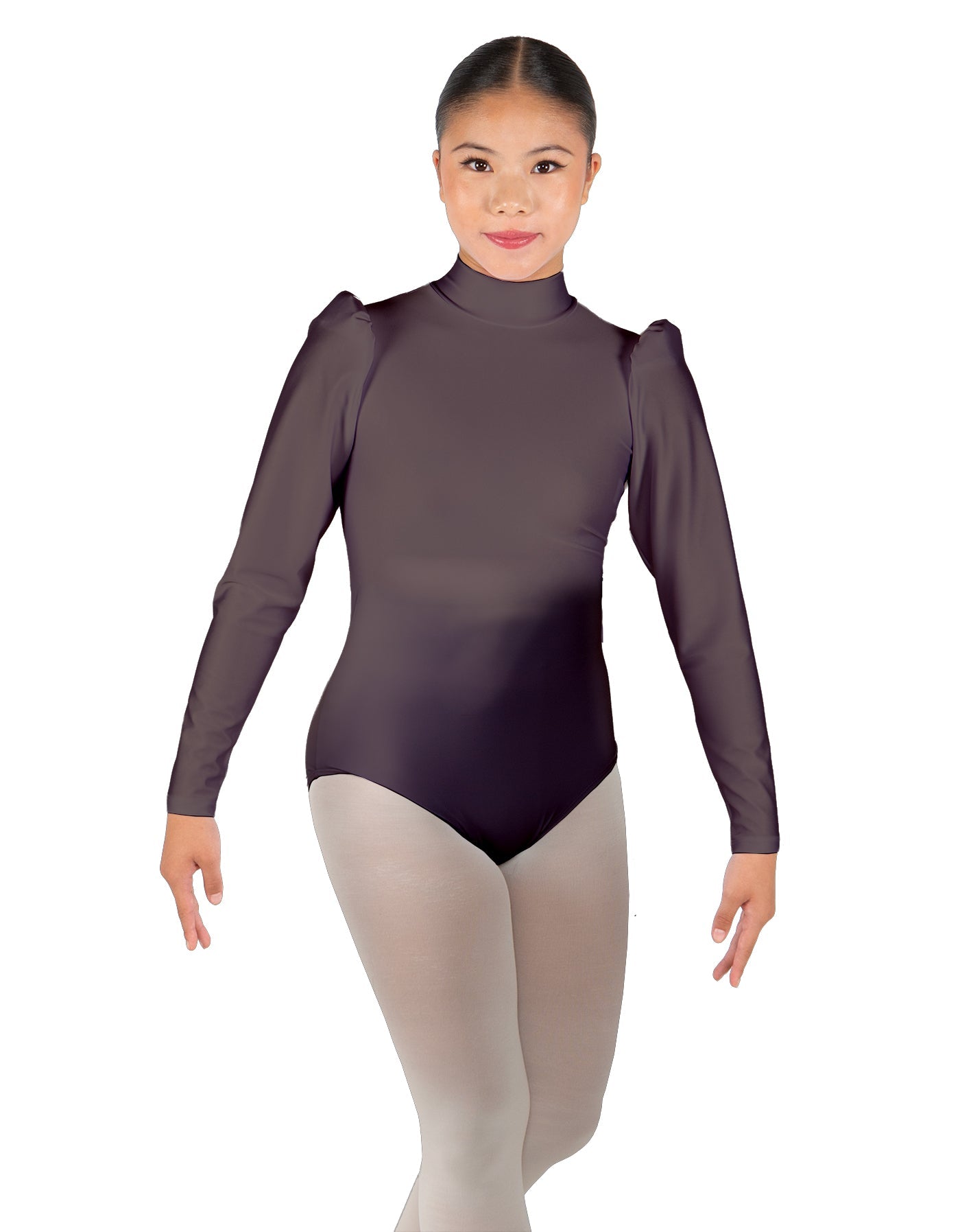 Solid Lycra Long Puff Sleeve with Tneck and Zipper Back Leotard