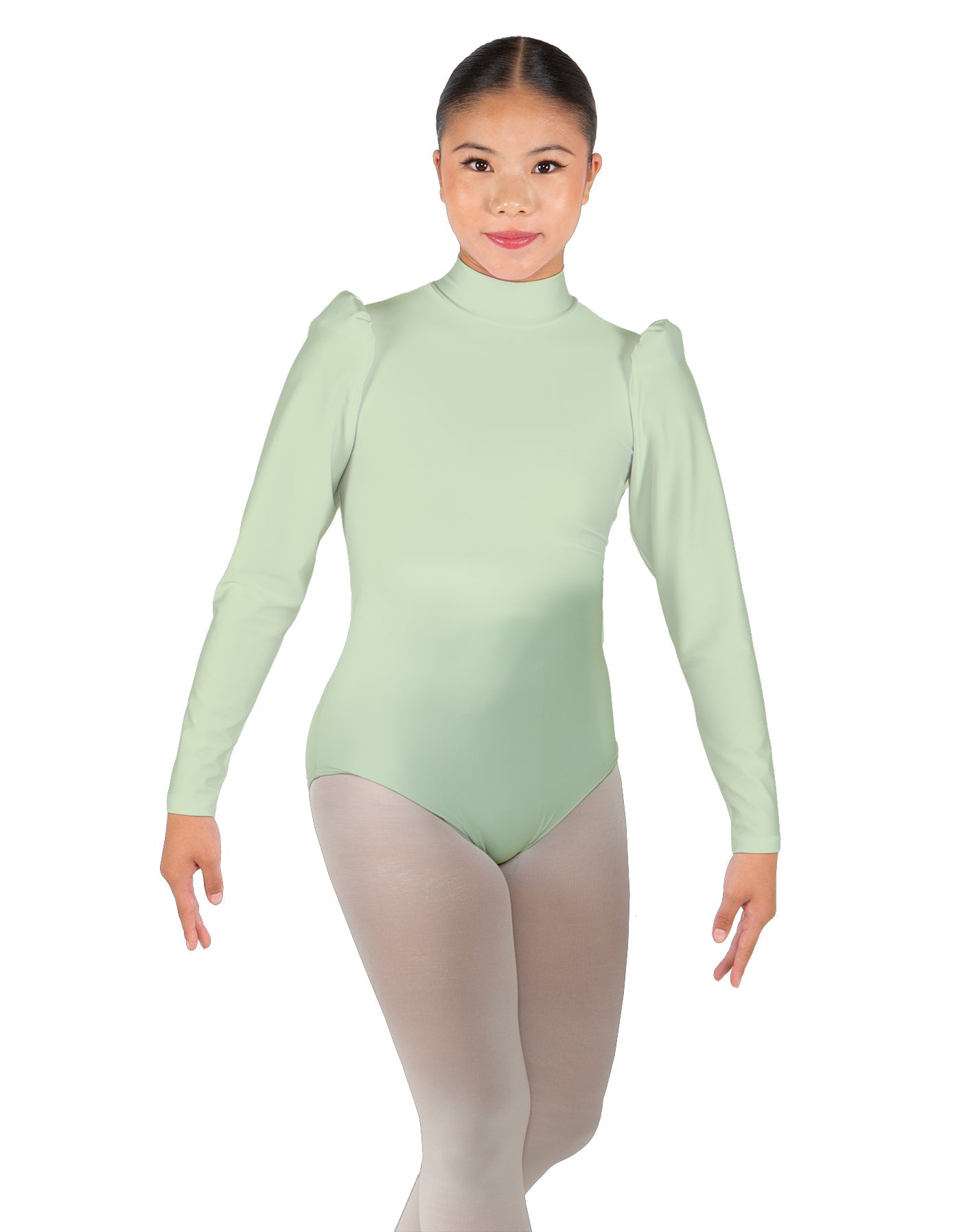 Solid Lycra Long Puff Sleeve with Tneck and Zipper Back Leotard