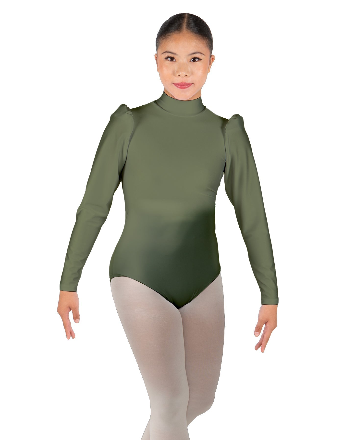 Solid Lycra Long Puff Sleeve with Tneck and Zipper Back Leotard