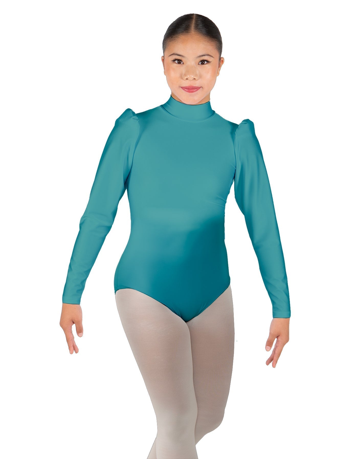 Solid Lycra Long Puff Sleeve with Tneck and Zipper Back Leotard