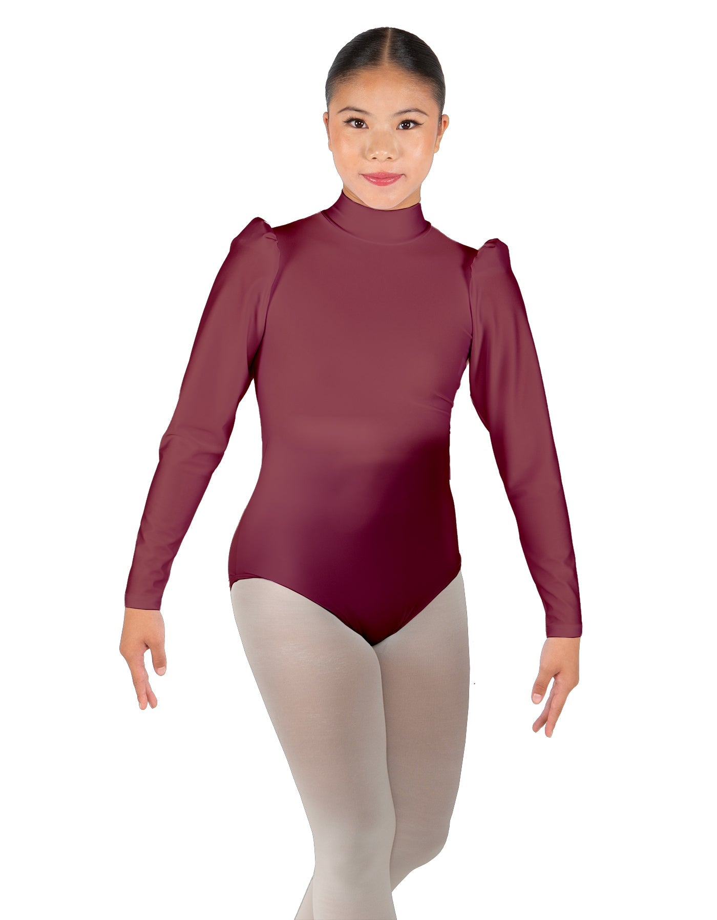 Solid Lycra Long Puff Sleeve with Tneck and Zipper Back Leotard