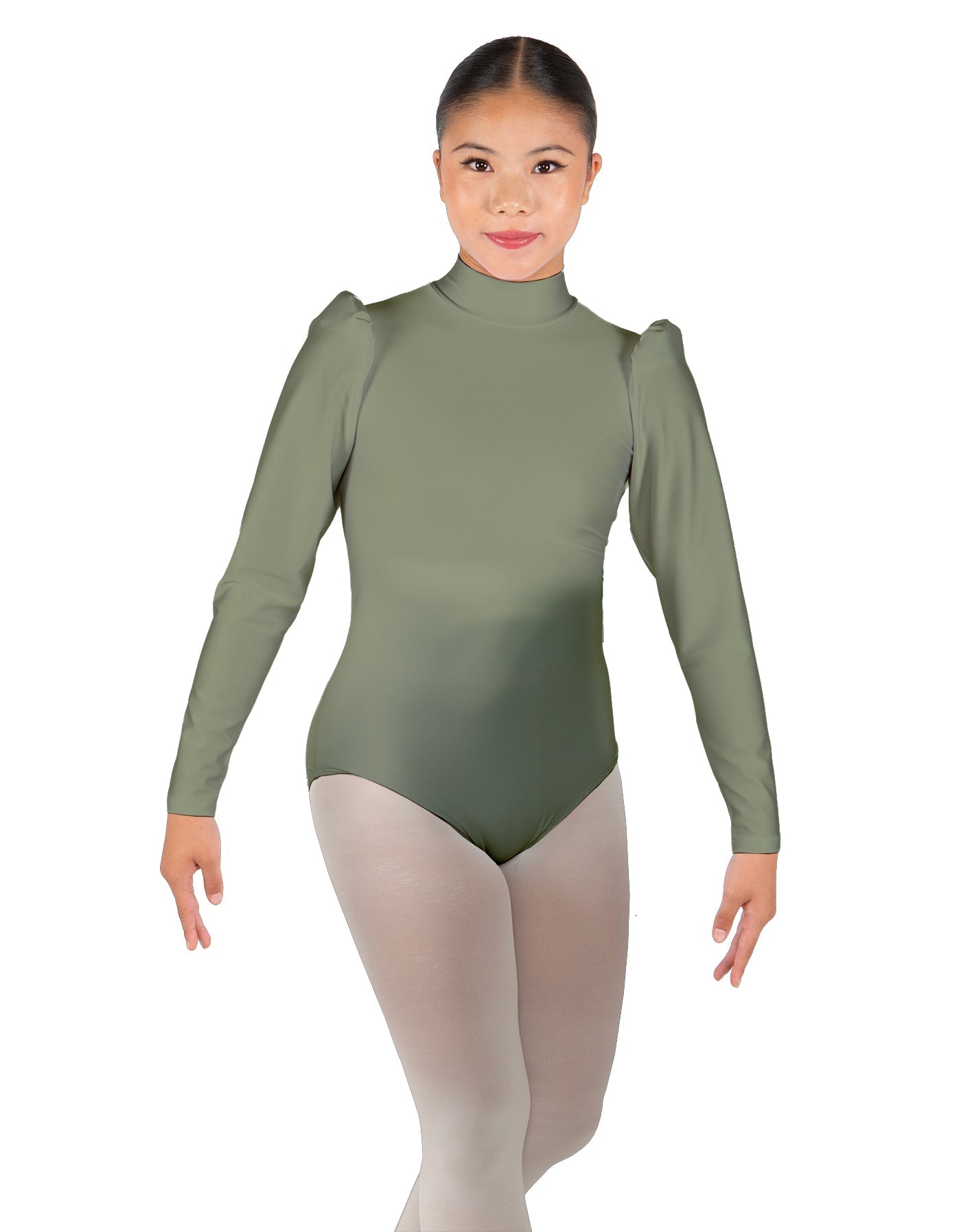 Solid Lycra Long Puff Sleeve with Tneck and Zipper Back Leotard