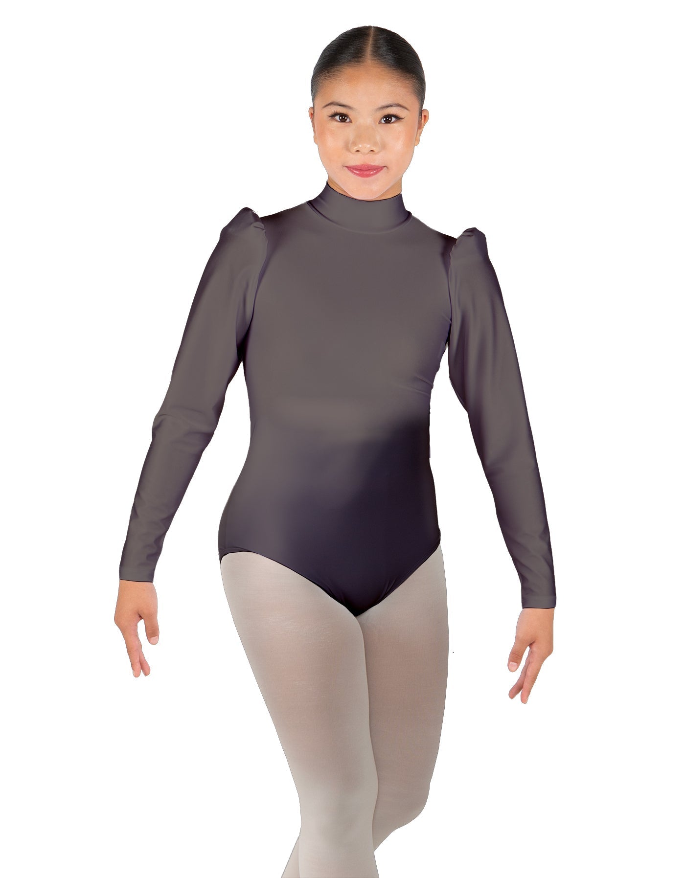 Solid Lycra Long Puff Sleeve with Tneck and Zipper Back Leotard