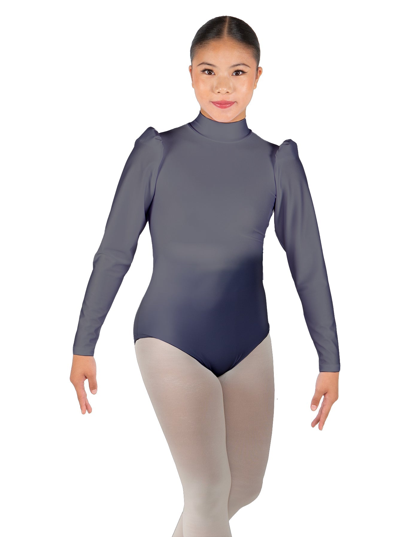 Solid Lycra Long Puff Sleeve with Tneck and Zipper Back Leotard