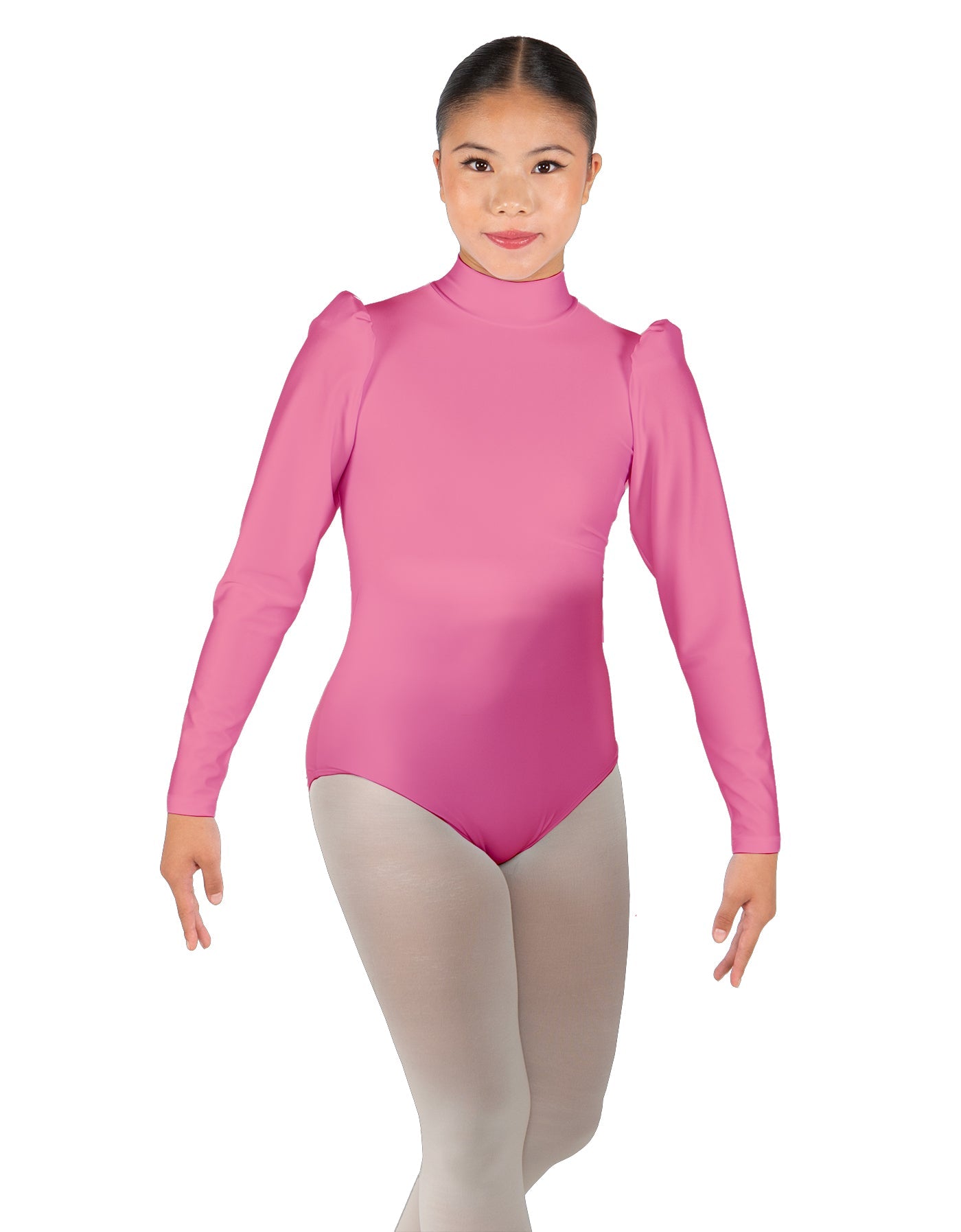 Solid Lycra Long Puff Sleeve with Tneck and Zipper Back Leotard