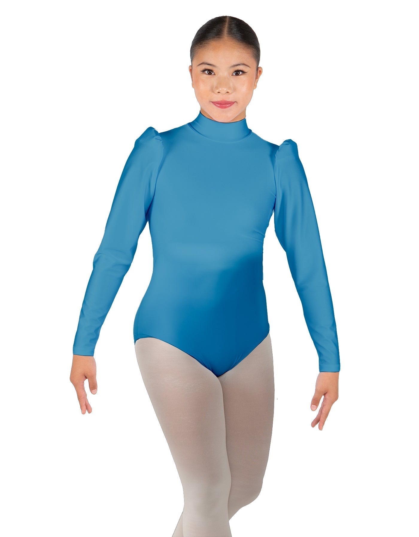 Solid Lycra Long Puff Sleeve with Tneck and Zipper Back Leotard