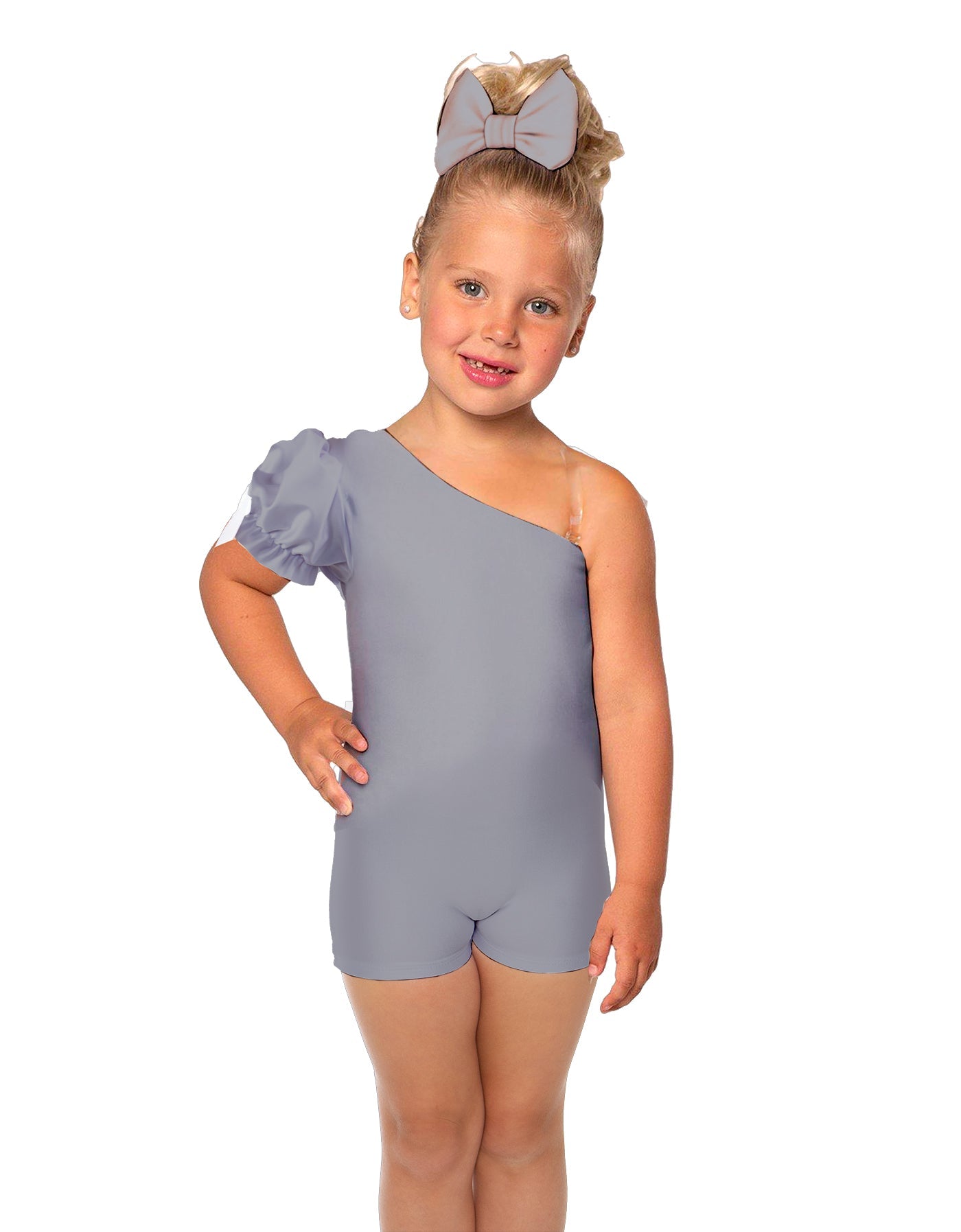Solid Lycra One Shoulder Puff Sleeve Biketard