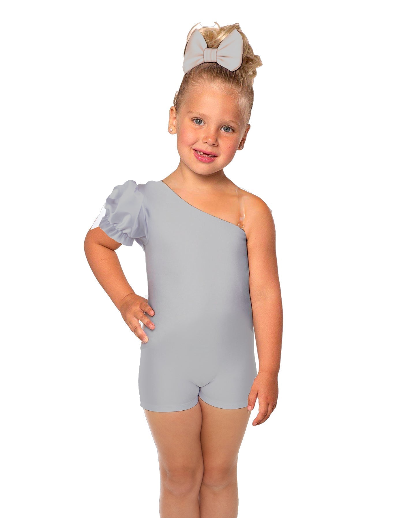 Solid Lycra One Shoulder Puff Sleeve Biketard