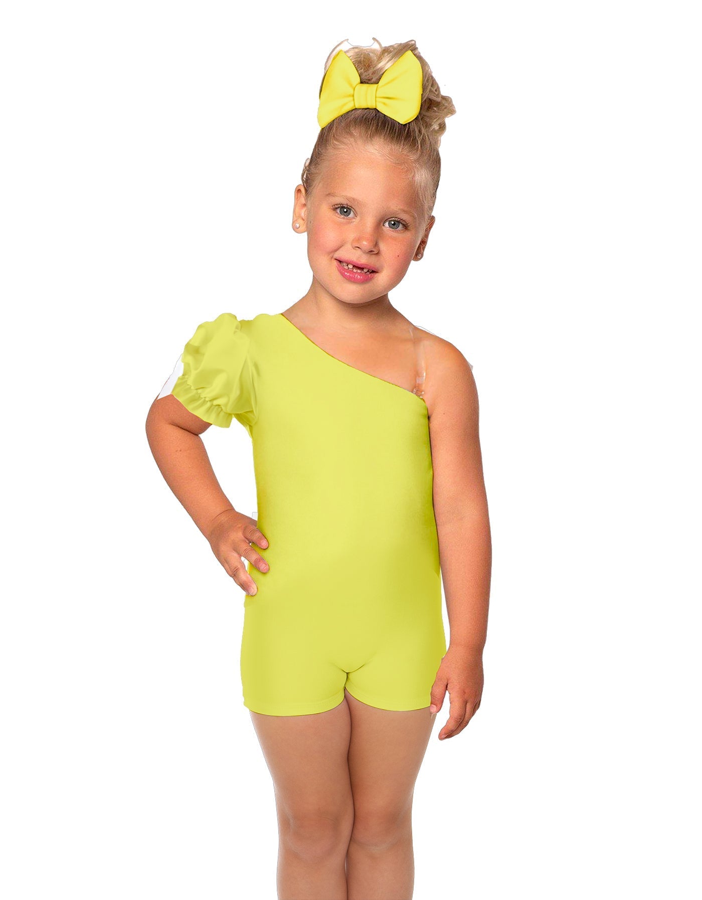 Solid Lycra One Shoulder Puff Sleeve Biketard