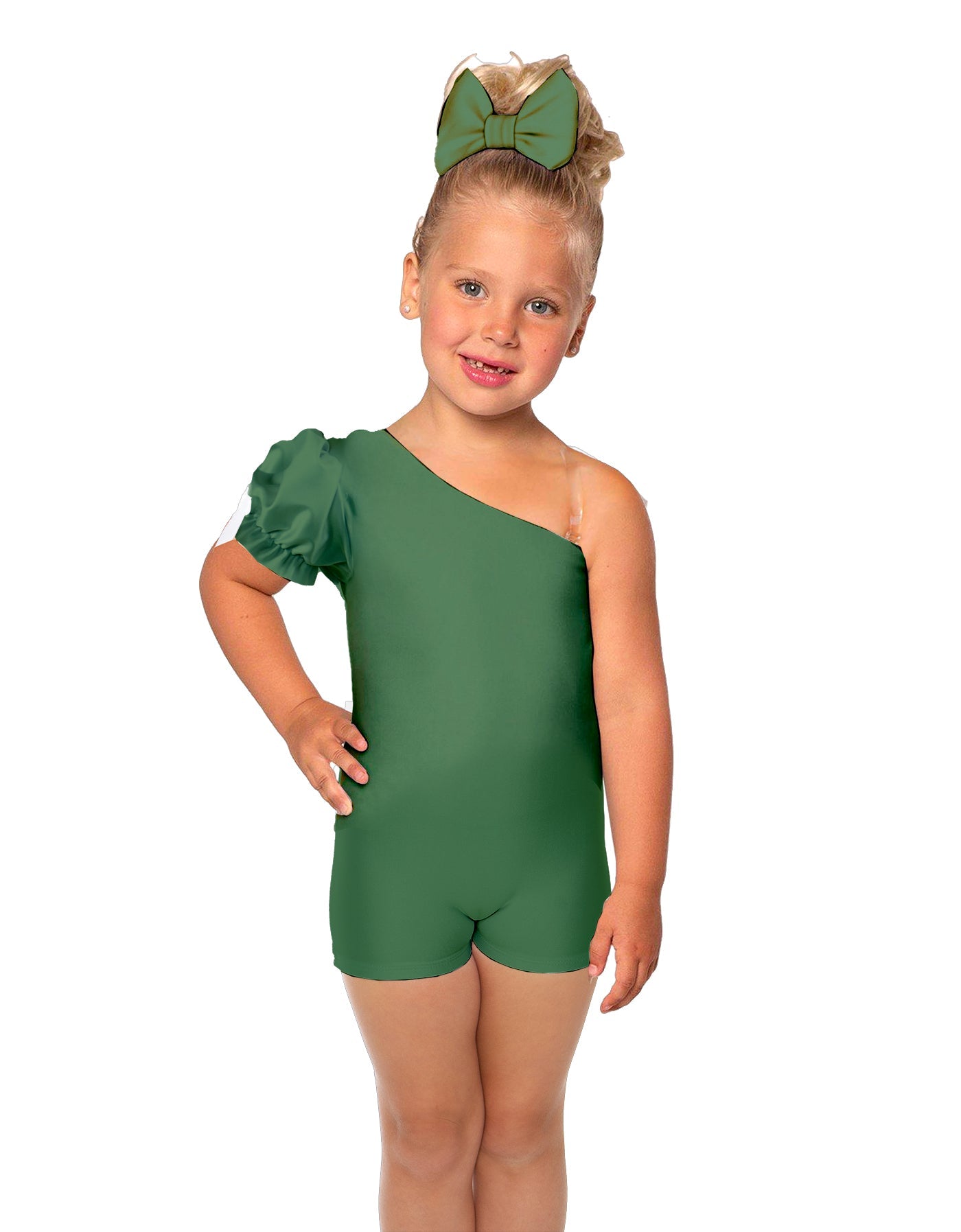 Solid Lycra One Shoulder Puff Sleeve Biketard