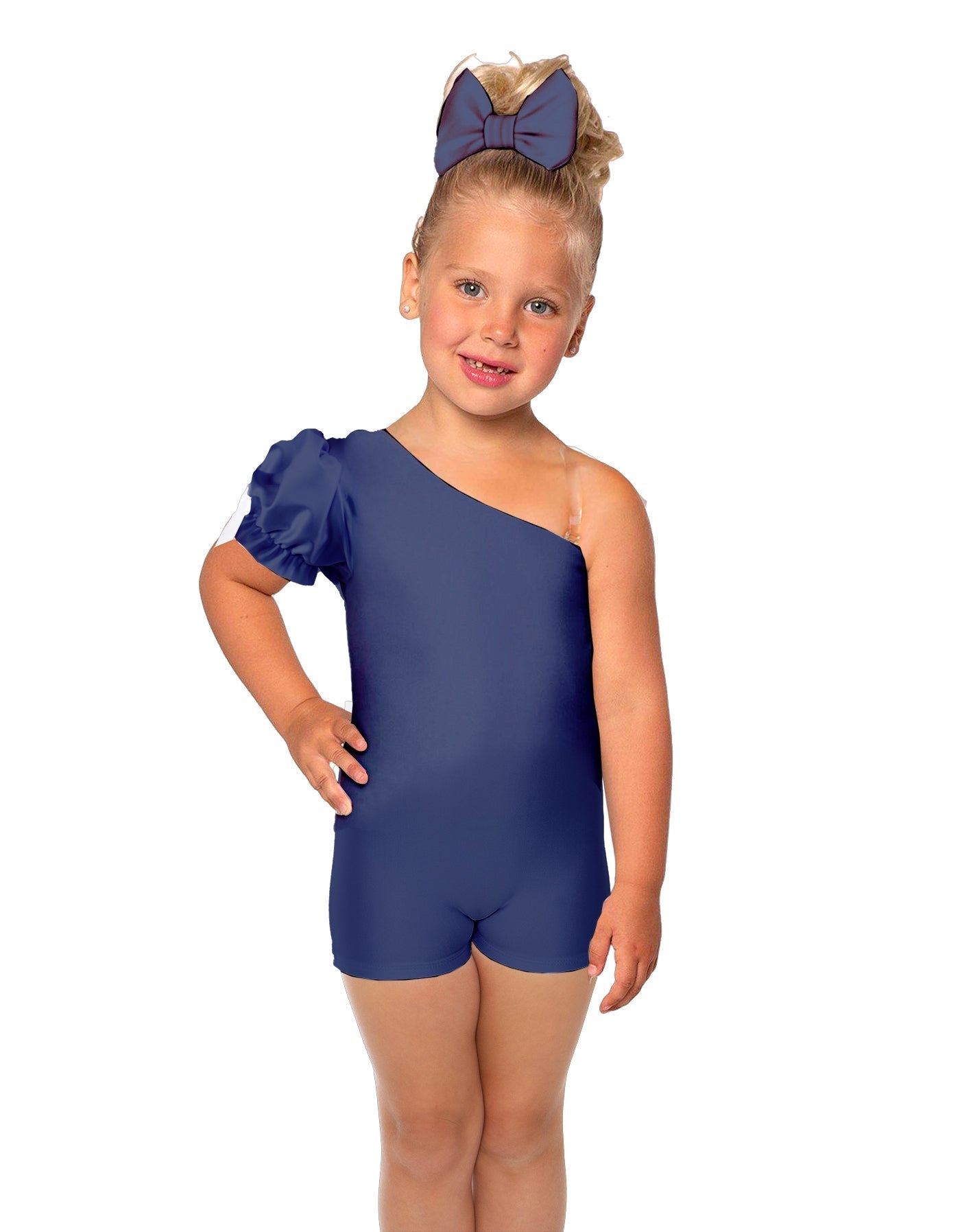 Solid Lycra One Shoulder Puff Sleeve Biketard