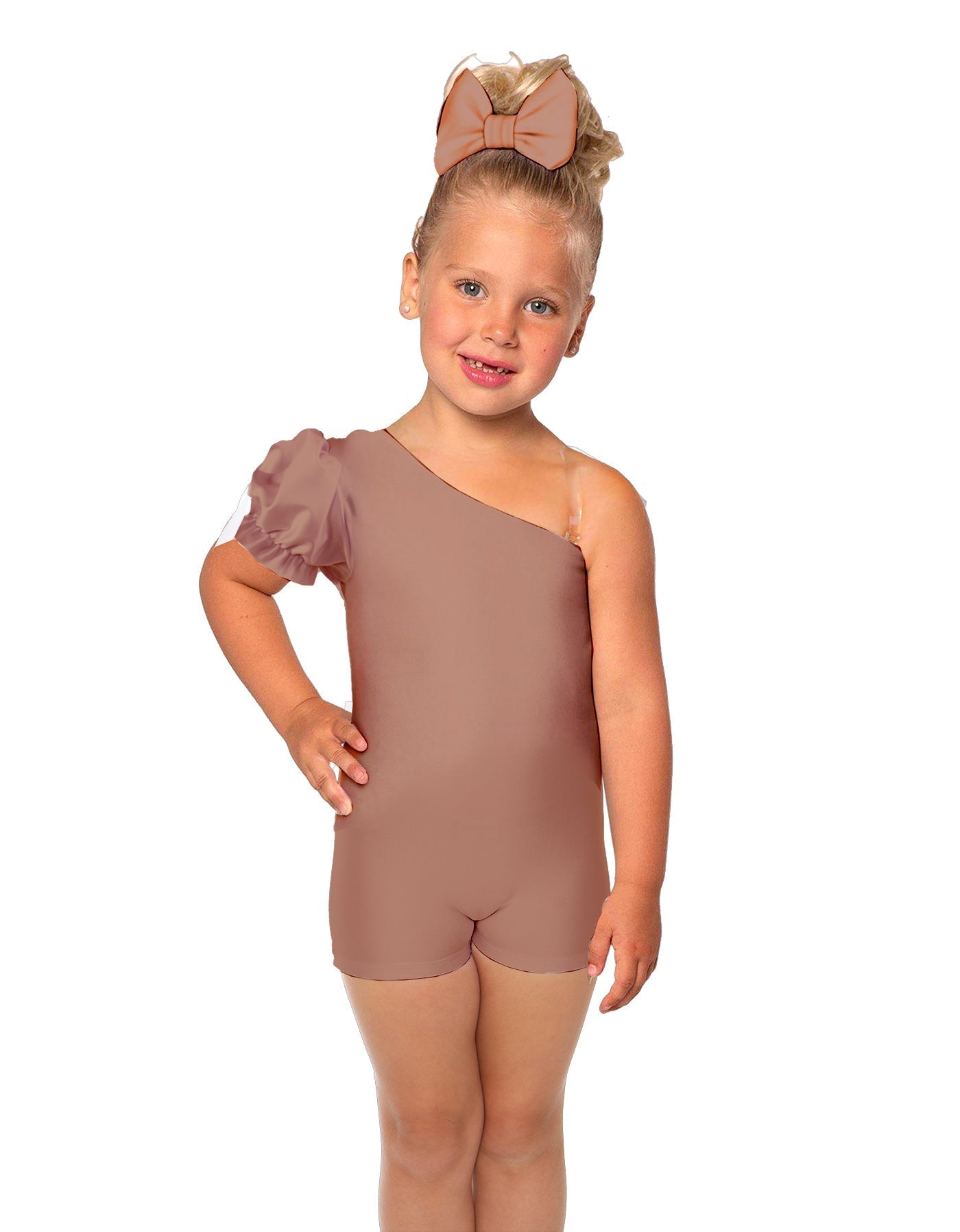 Solid Lycra One Shoulder Puff Sleeve Biketard