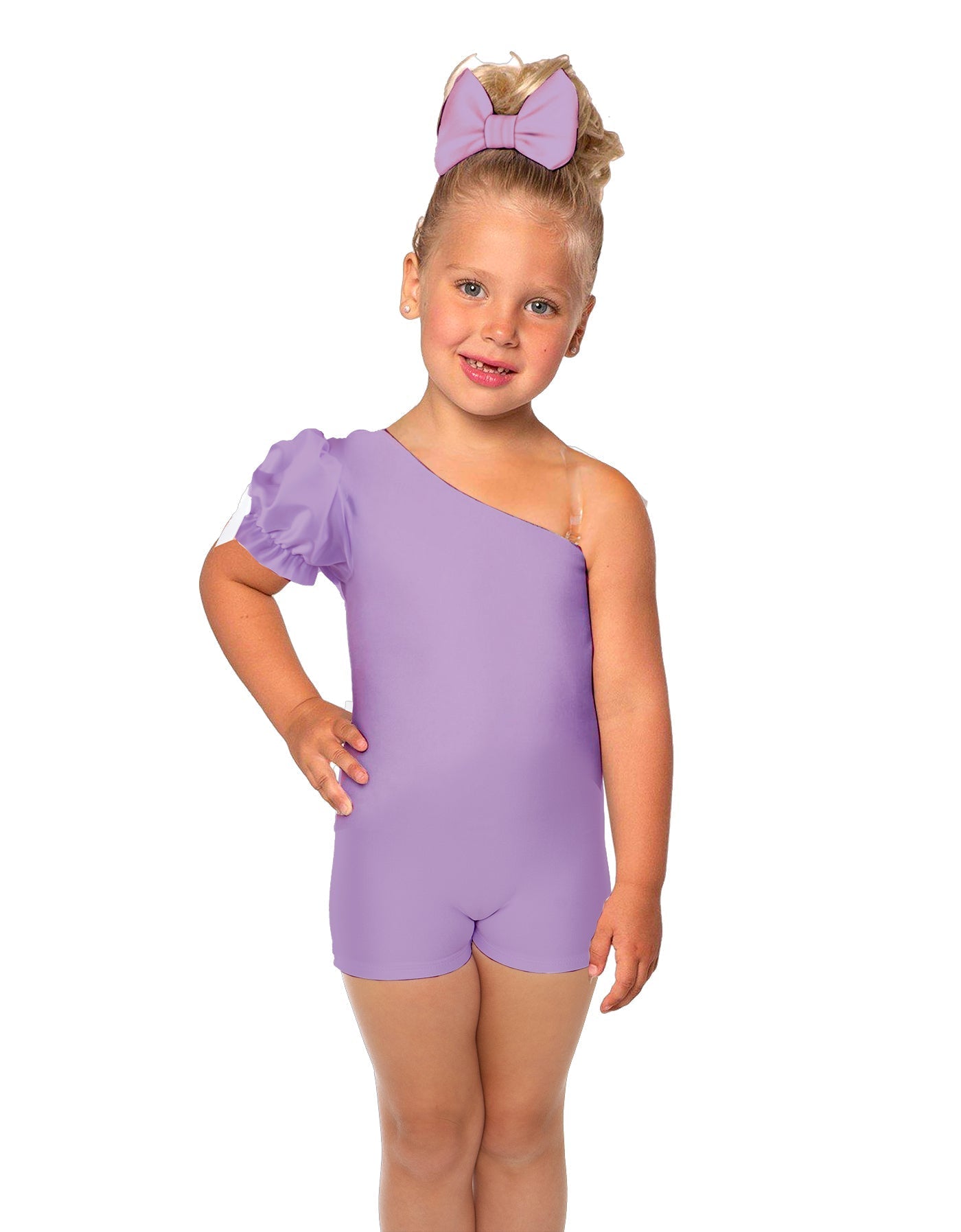 Solid Lycra One Shoulder Puff Sleeve Biketard