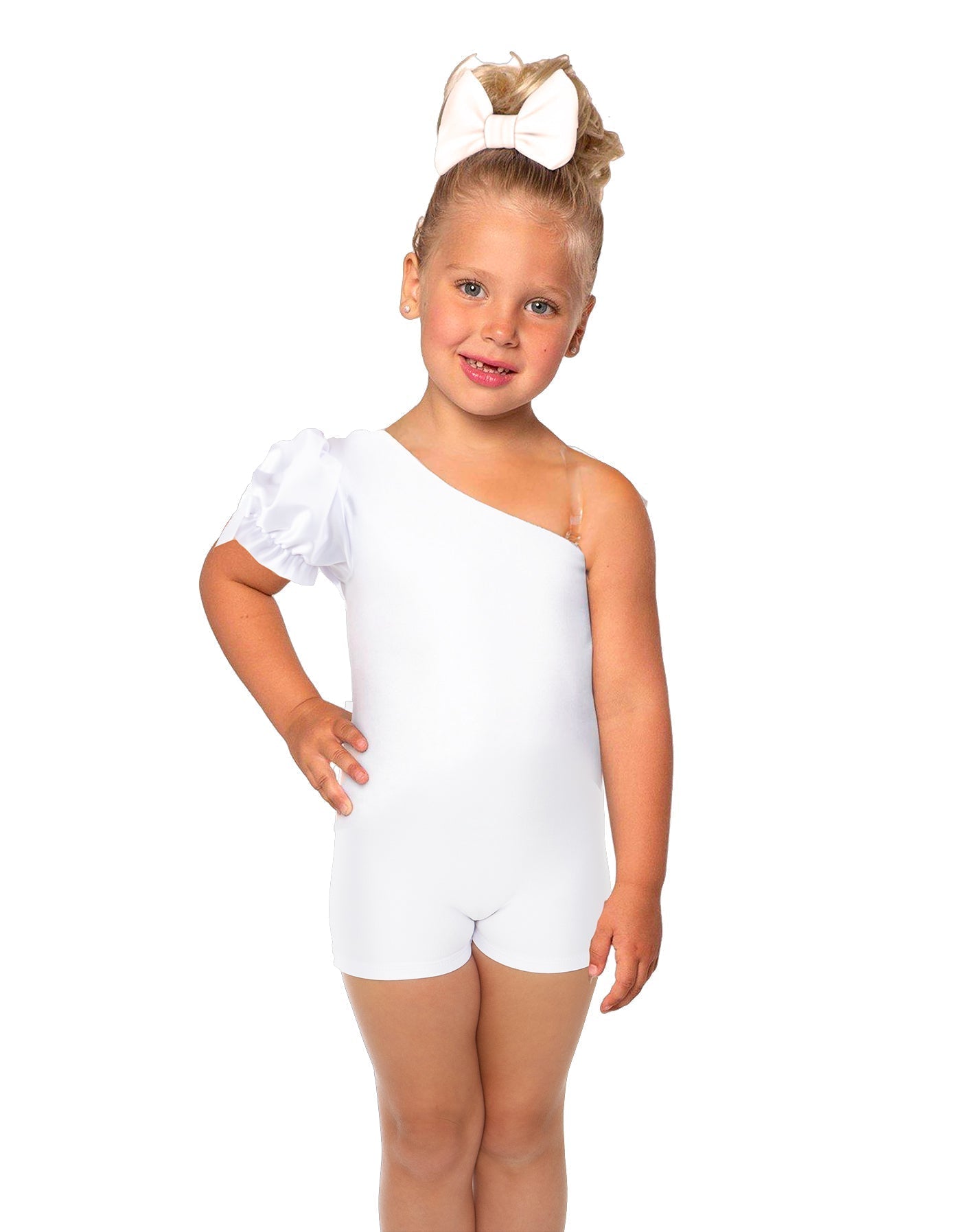 Solid Lycra One Shoulder Puff Sleeve Biketard