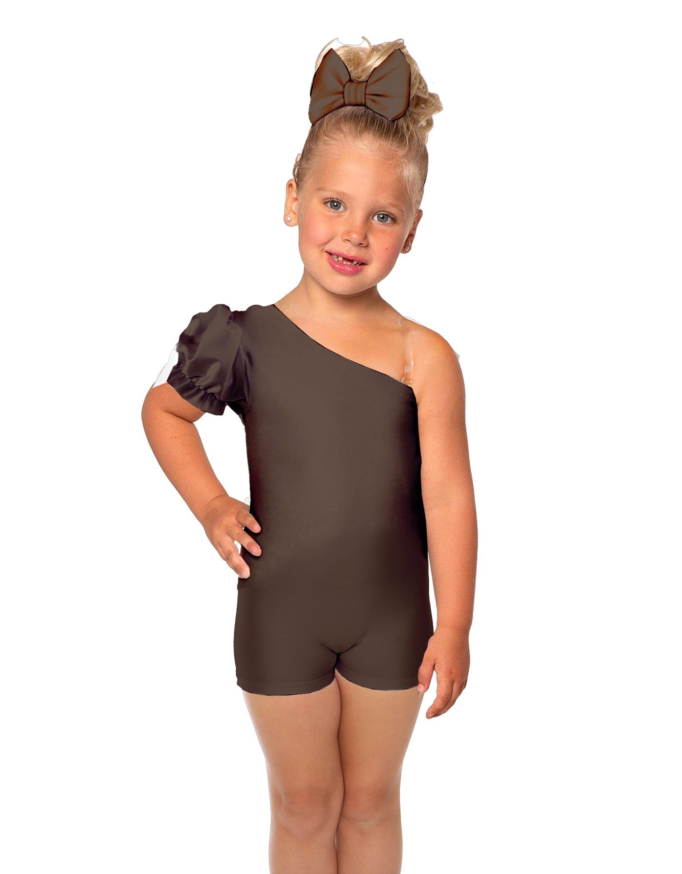Solid Lycra One Shoulder Puff Sleeve Biketard