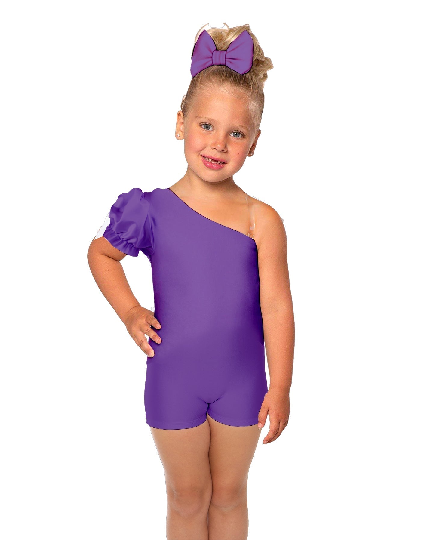 Solid Lycra One Shoulder Puff Sleeve Biketard
