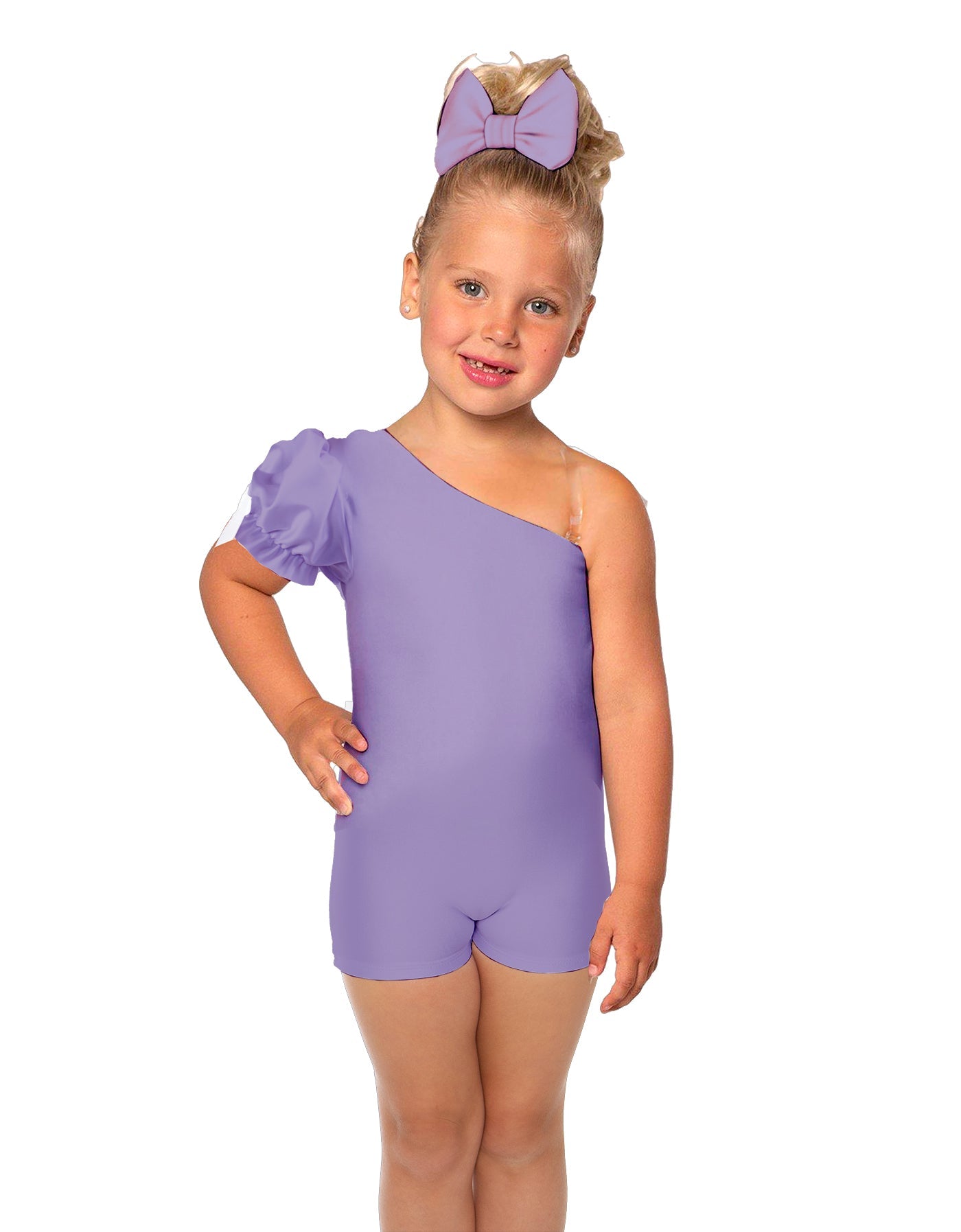Solid Lycra One Shoulder Puff Sleeve Biketard