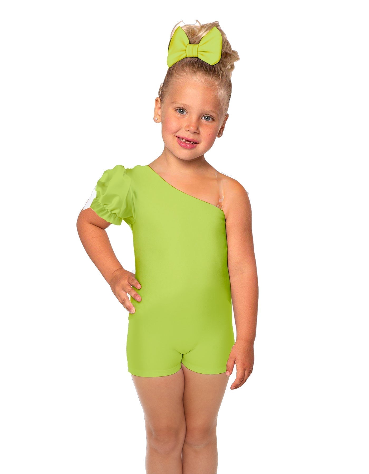 Solid Lycra One Shoulder Puff Sleeve Biketard