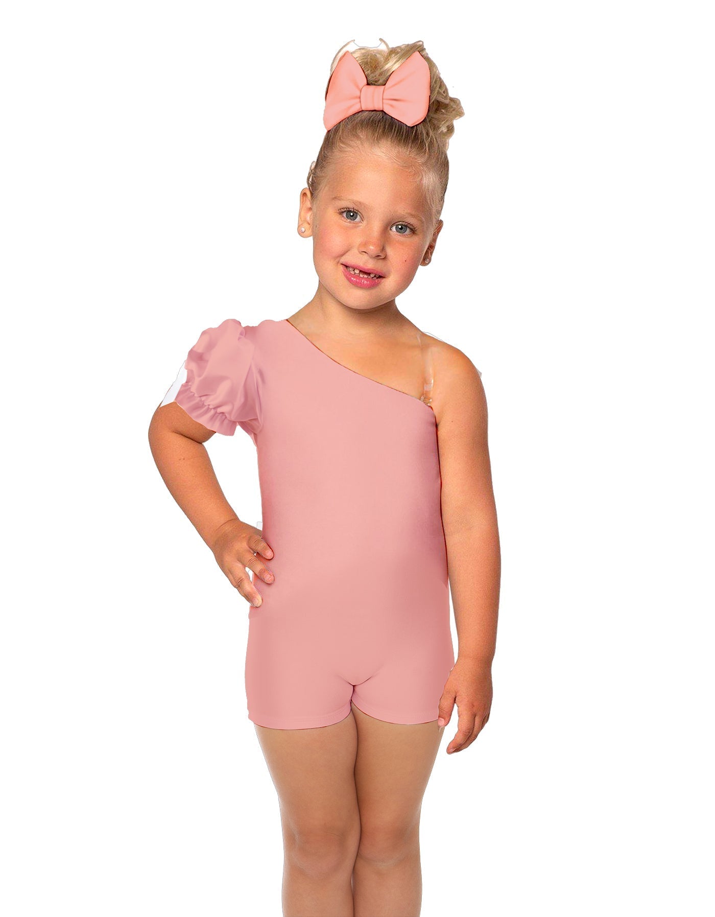 Solid Lycra One Shoulder Puff Sleeve Biketard