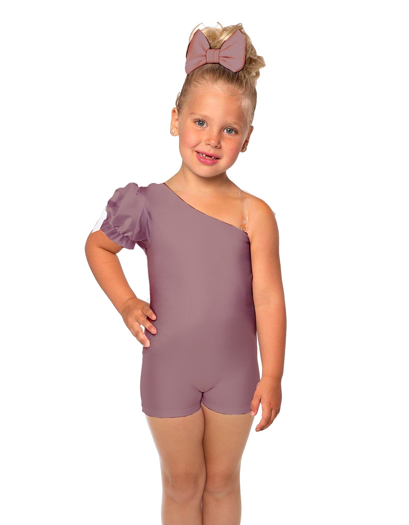 Solid Lycra One Shoulder Puff Sleeve Biketard