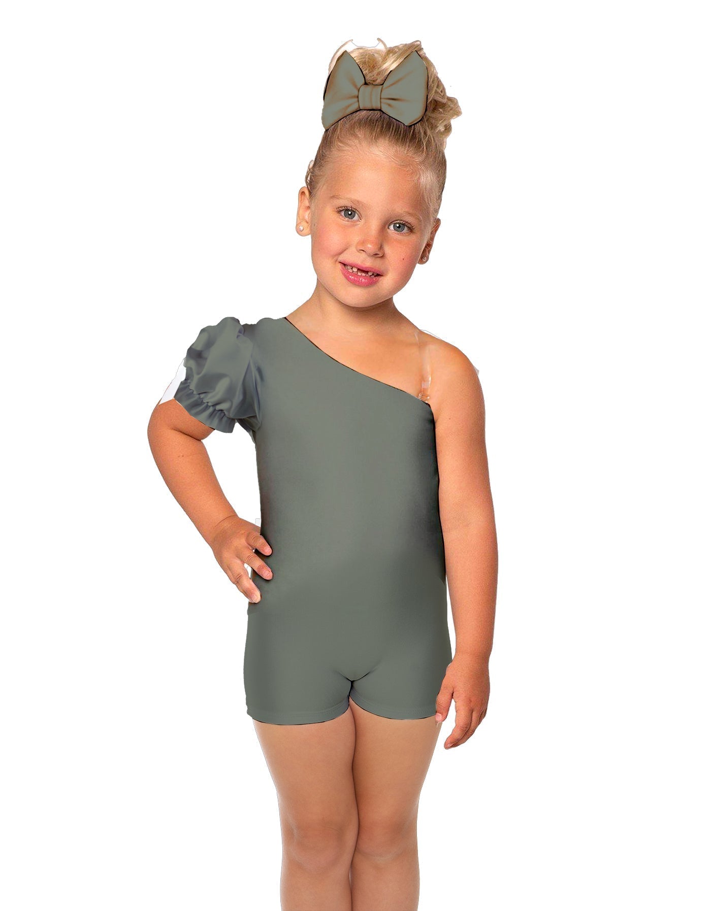 Solid Lycra One Shoulder Puff Sleeve Biketard