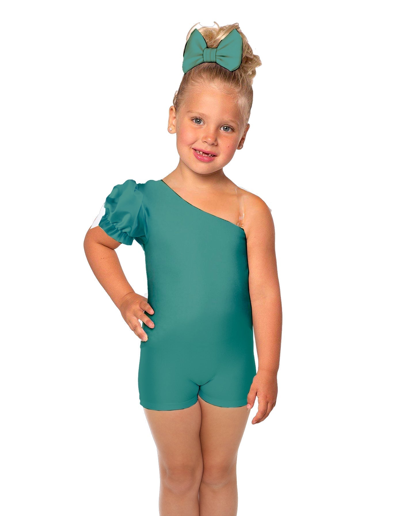 Solid Lycra One Shoulder Puff Sleeve Biketard