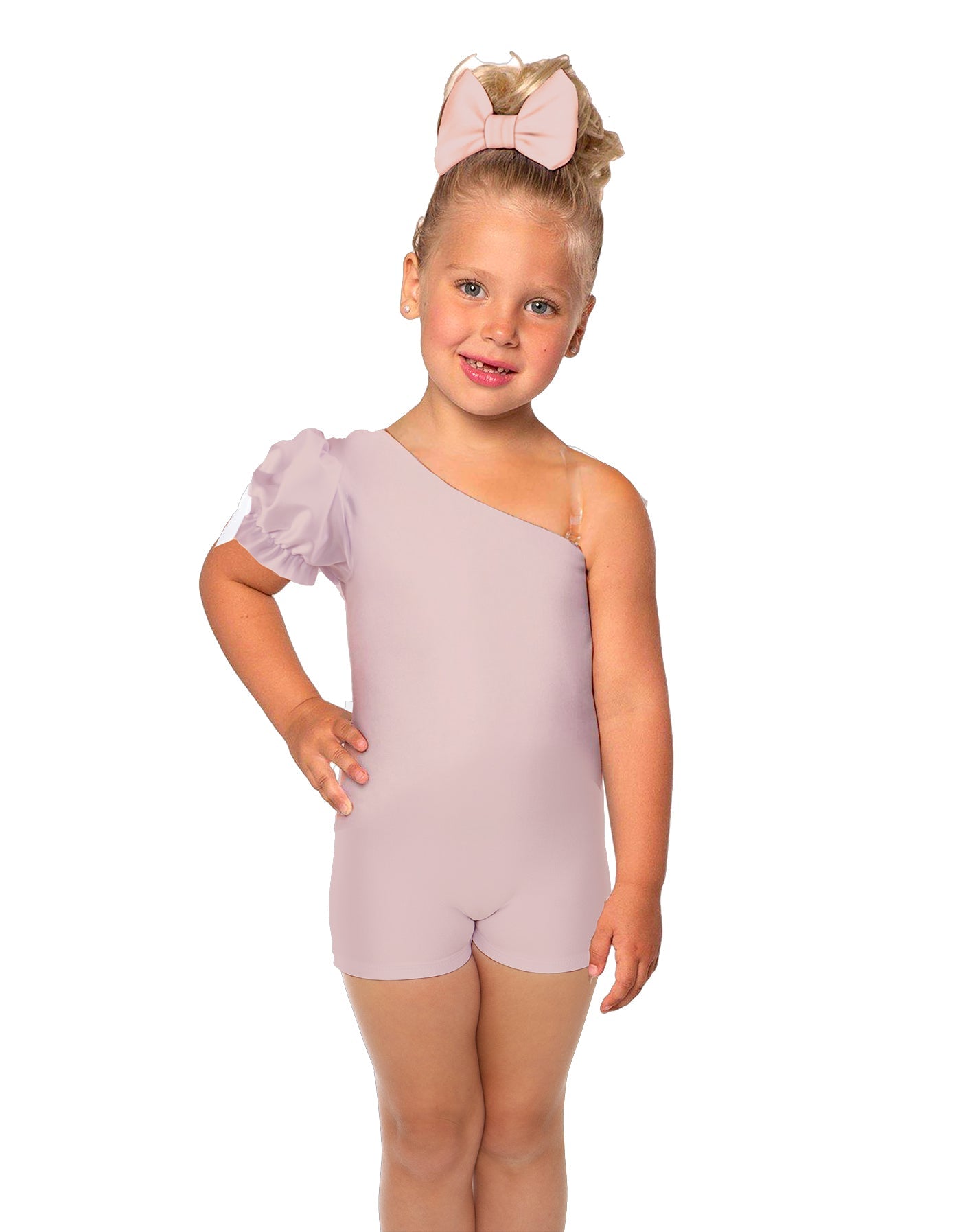 Solid Lycra One Shoulder Puff Sleeve Biketard