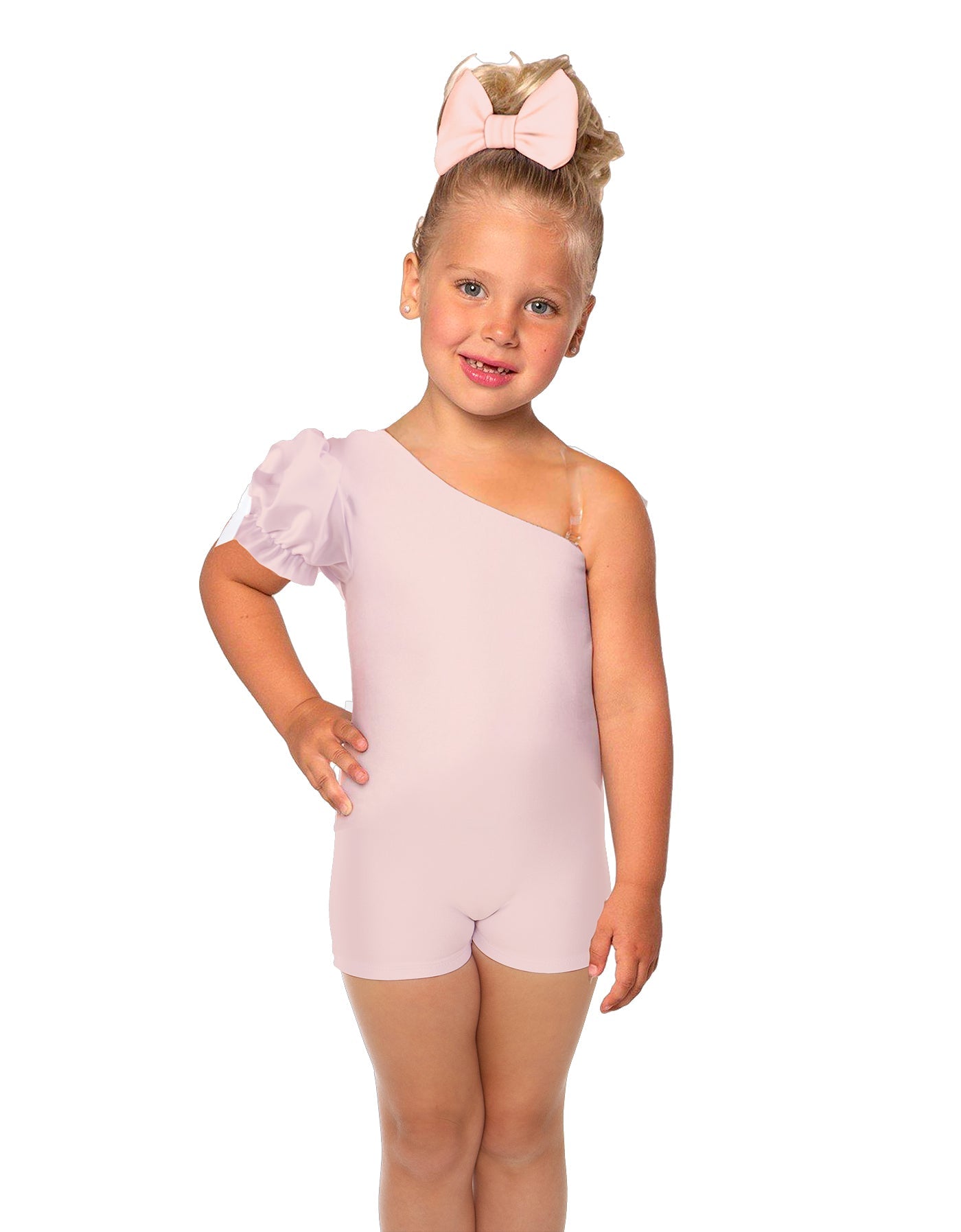 Solid Lycra One Shoulder Puff Sleeve Biketard