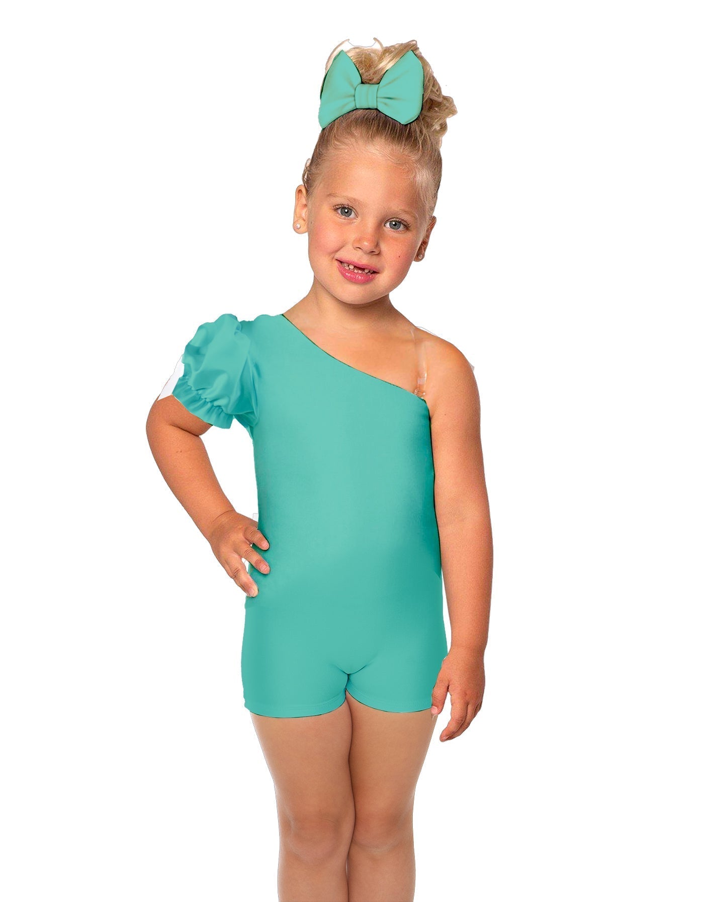 Solid Lycra One Shoulder Puff Sleeve Biketard