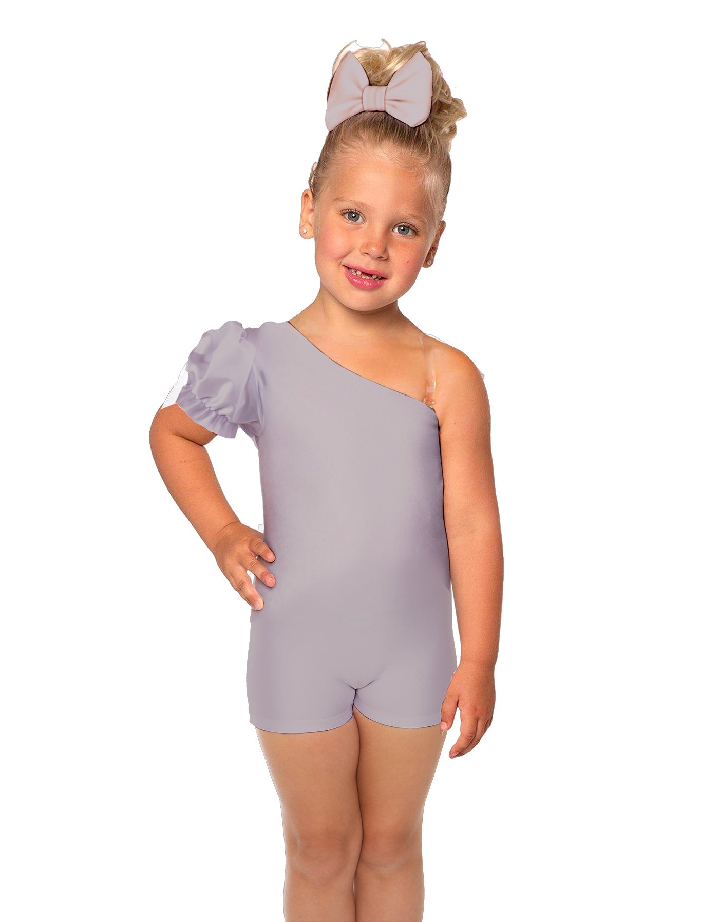Solid Lycra One Shoulder Puff Sleeve Biketard