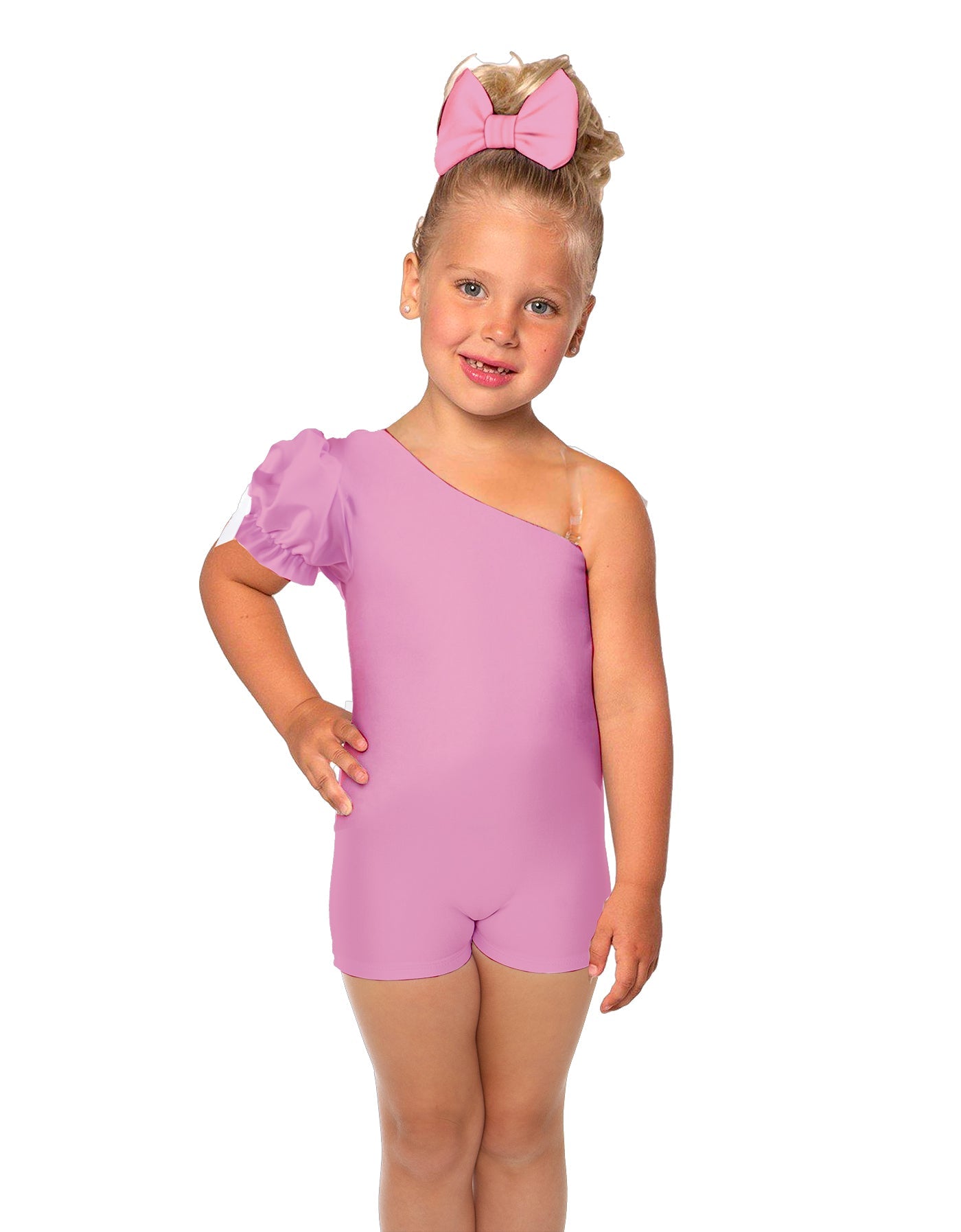 Solid Lycra One Shoulder Puff Sleeve Biketard