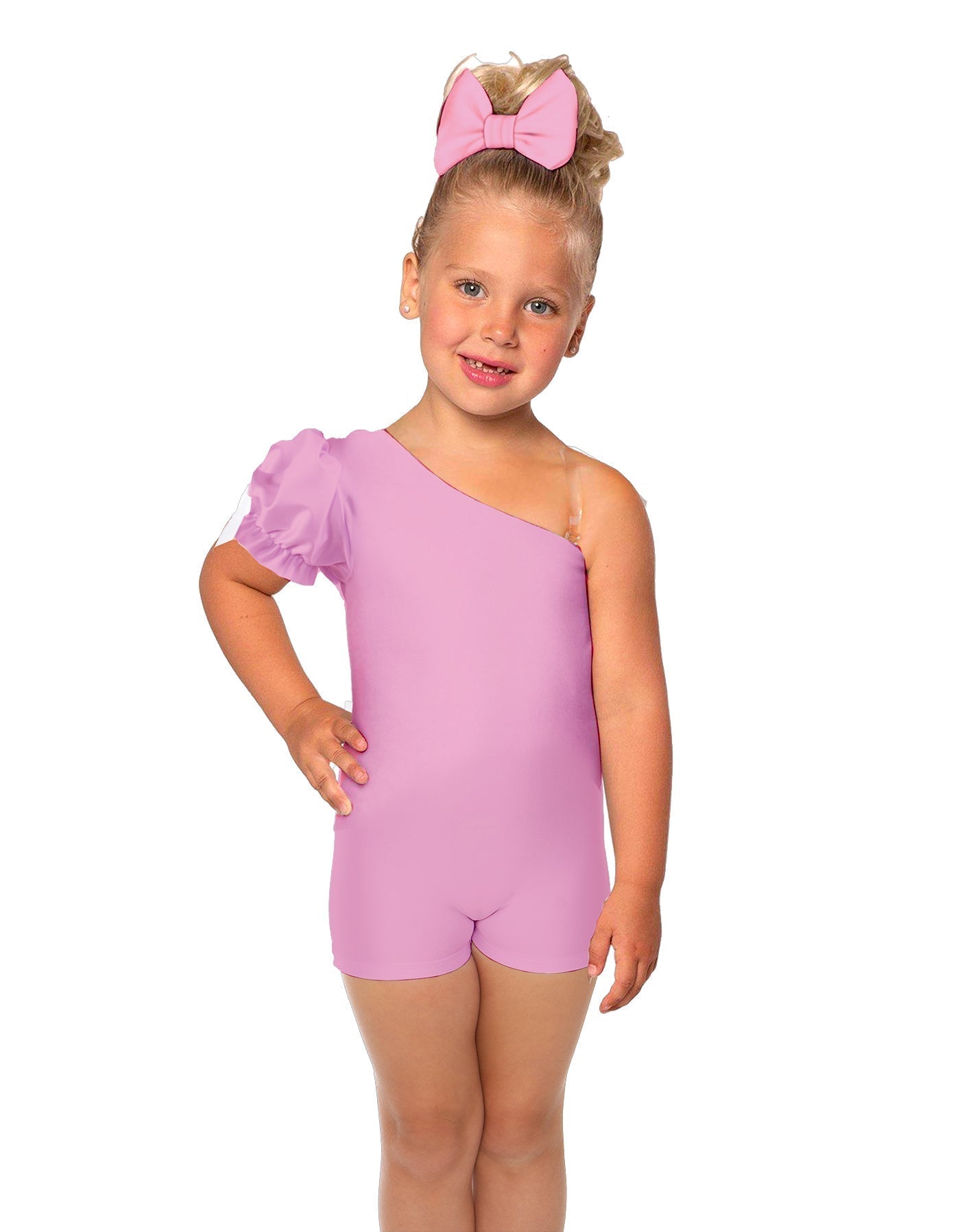 Solid Lycra One Shoulder Puff Sleeve Biketard