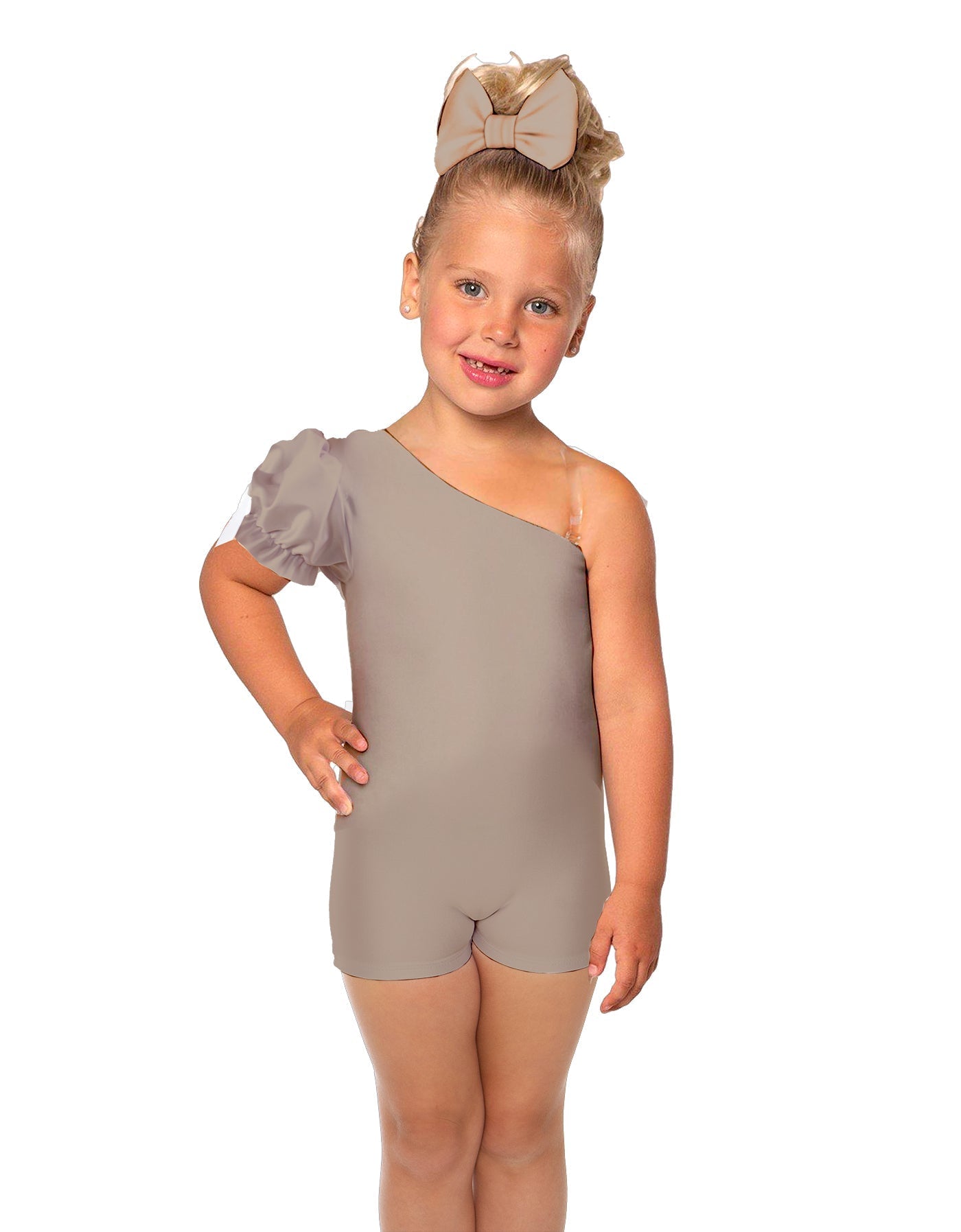 Solid Lycra One Shoulder Puff Sleeve Biketard