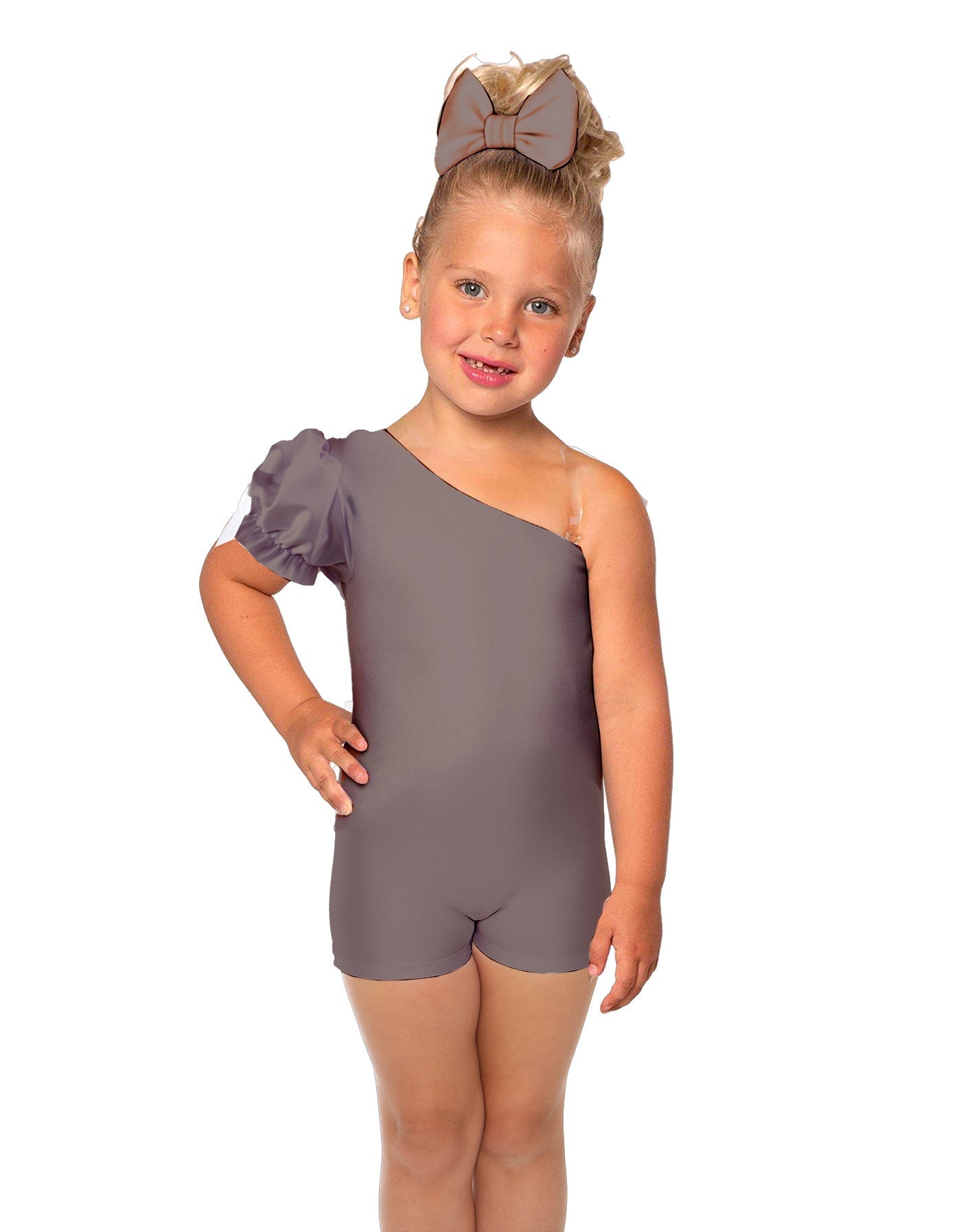 Solid Lycra One Shoulder Puff Sleeve Biketard