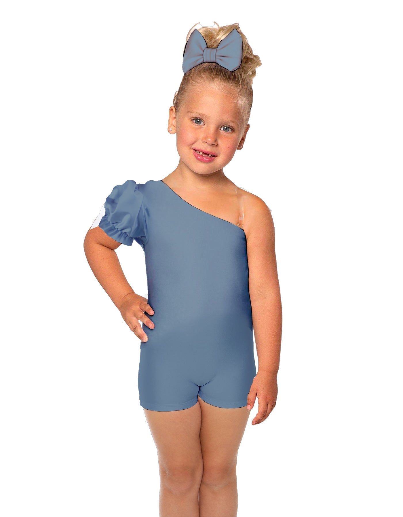 Solid Lycra One Shoulder Puff Sleeve Biketard