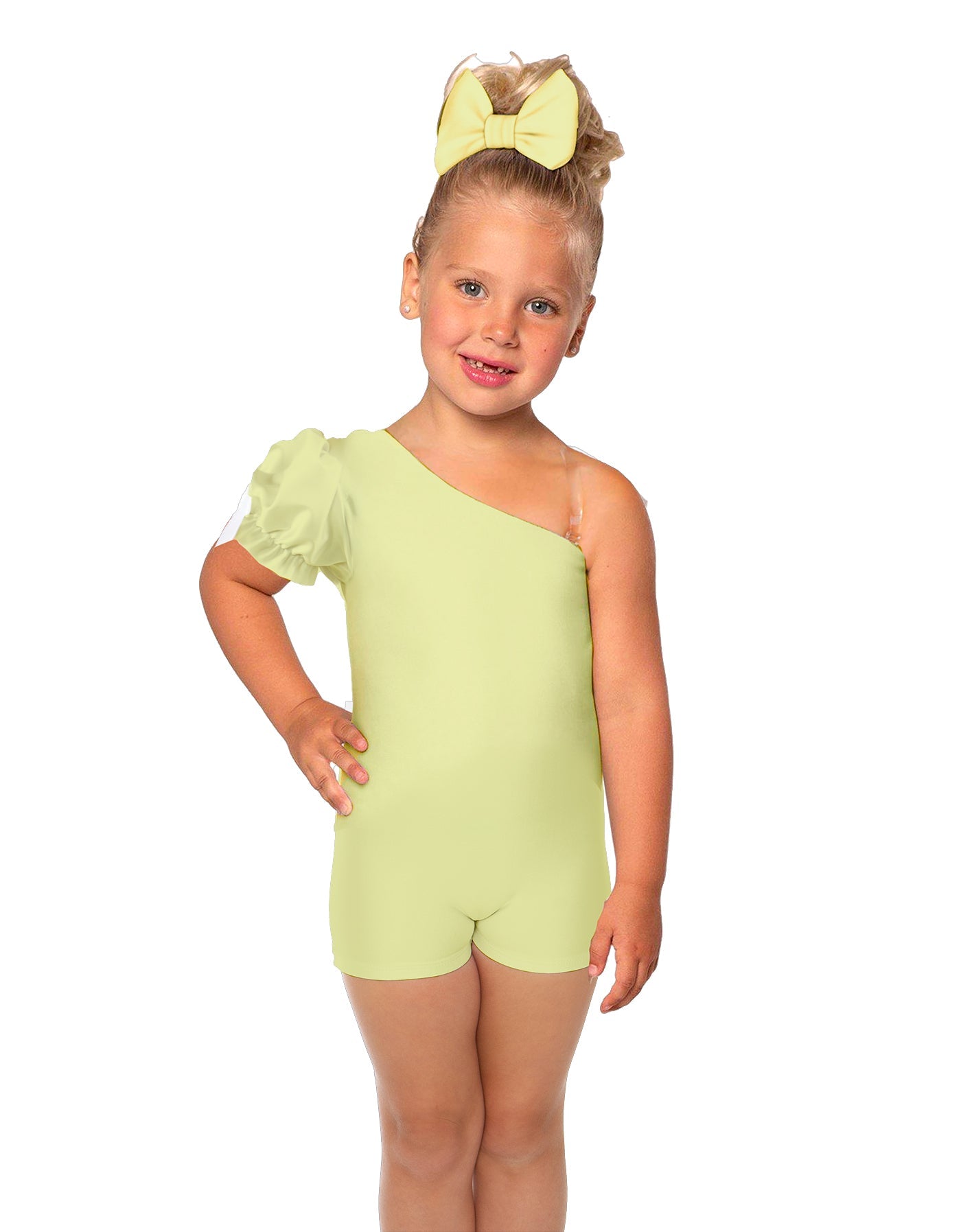 Solid Lycra One Shoulder Puff Sleeve Biketard