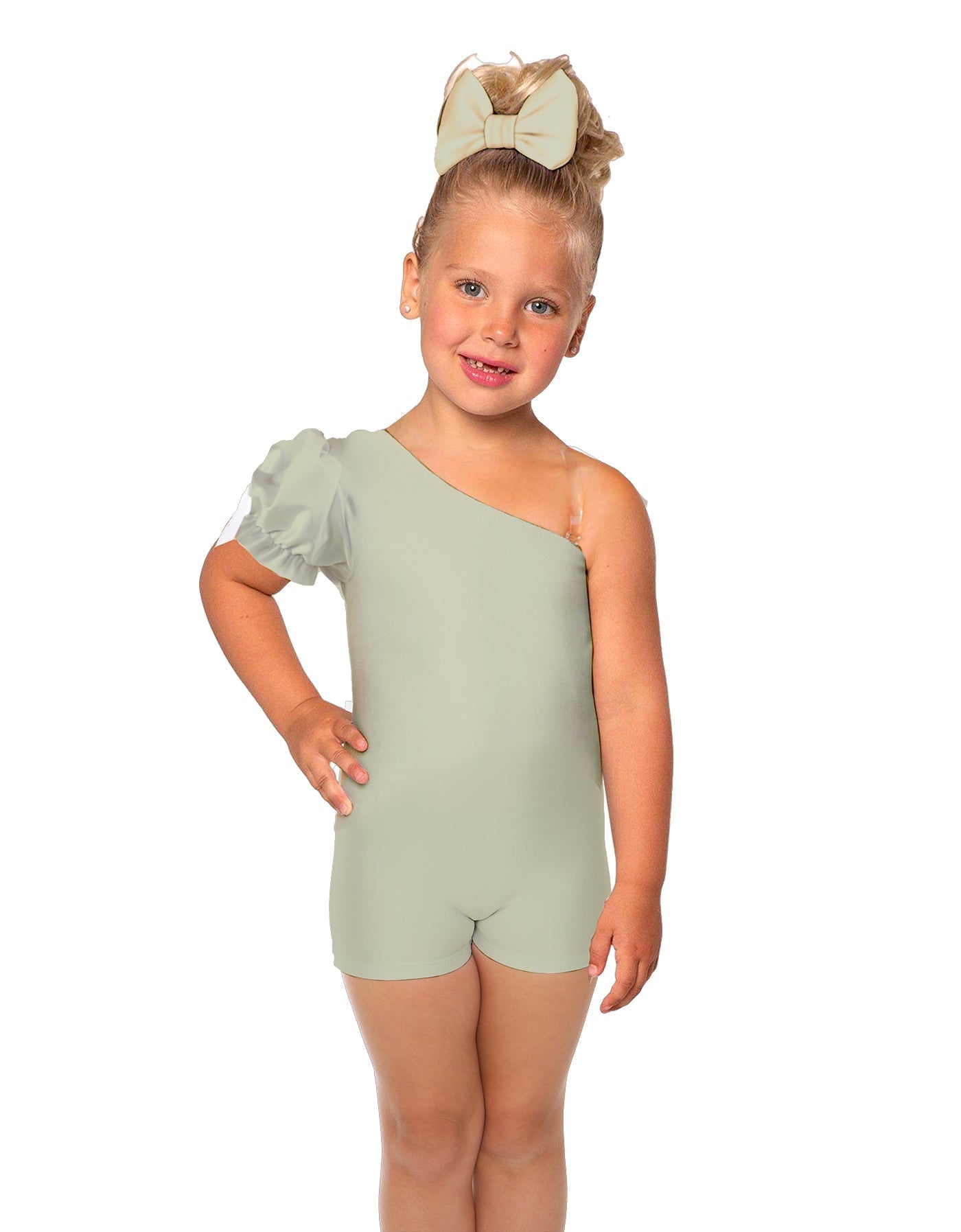 Solid Lycra One Shoulder Puff Sleeve Biketard