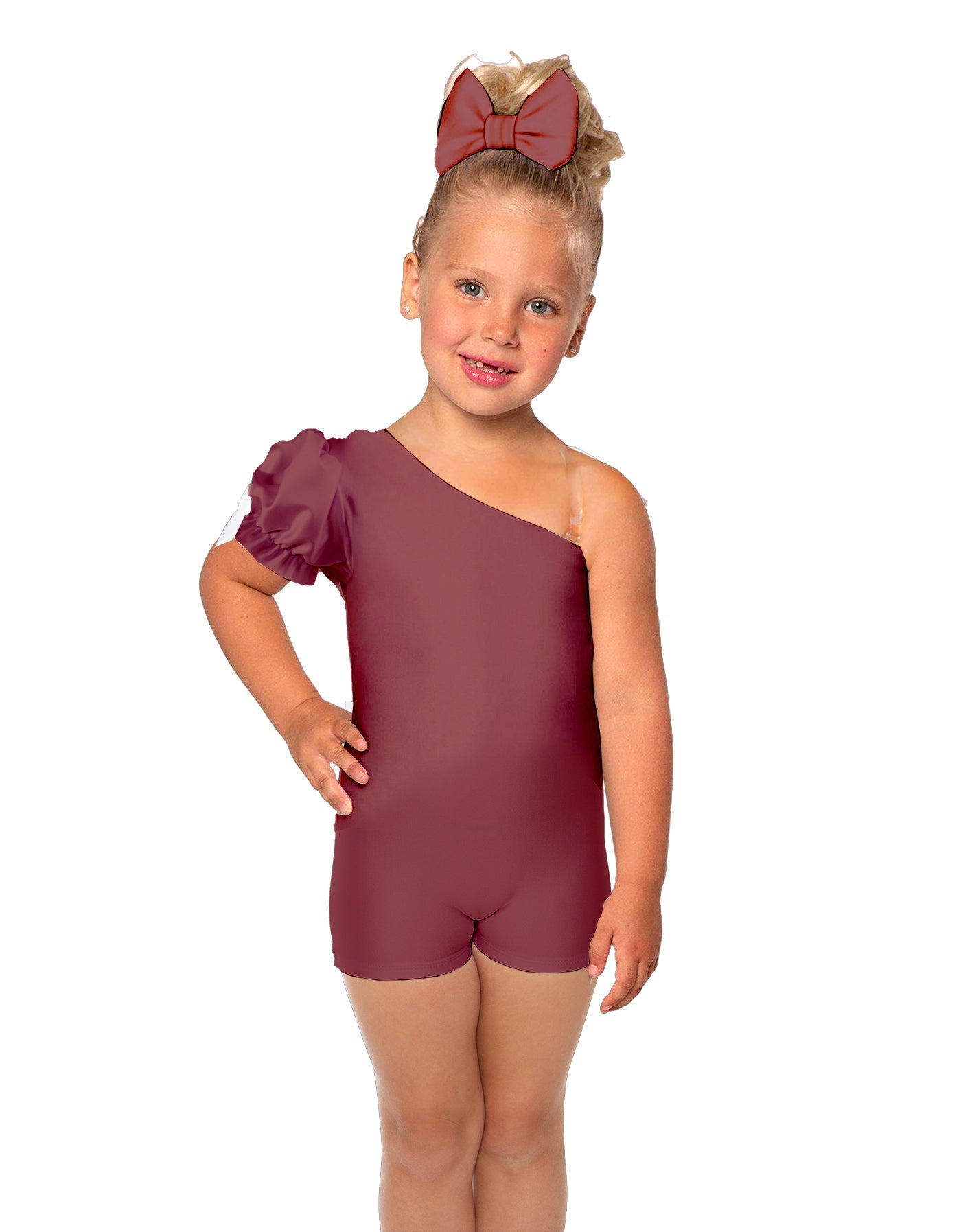 Solid Lycra One Shoulder Puff Sleeve Biketard