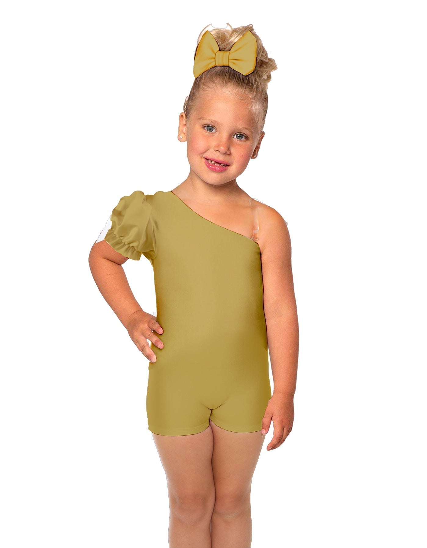 Solid Lycra One Shoulder Puff Sleeve Biketard