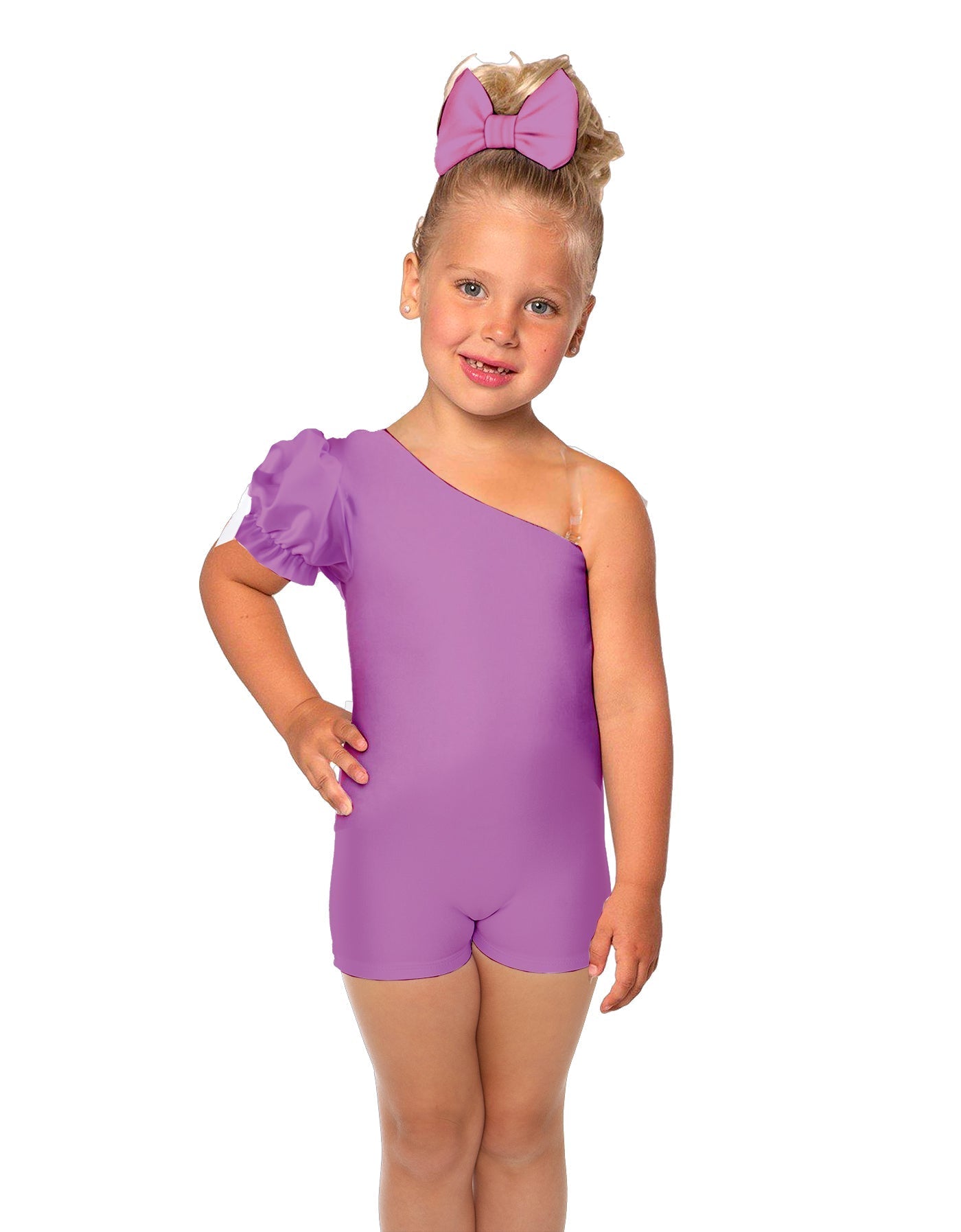 Solid Lycra One Shoulder Puff Sleeve Biketard