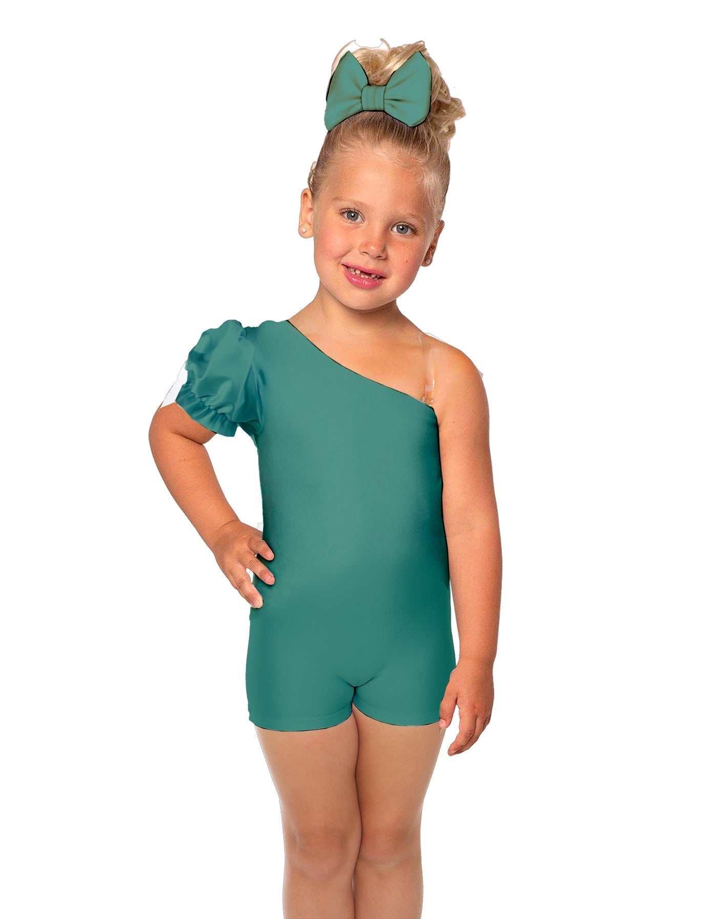 Solid Lycra One Shoulder Puff Sleeve Biketard