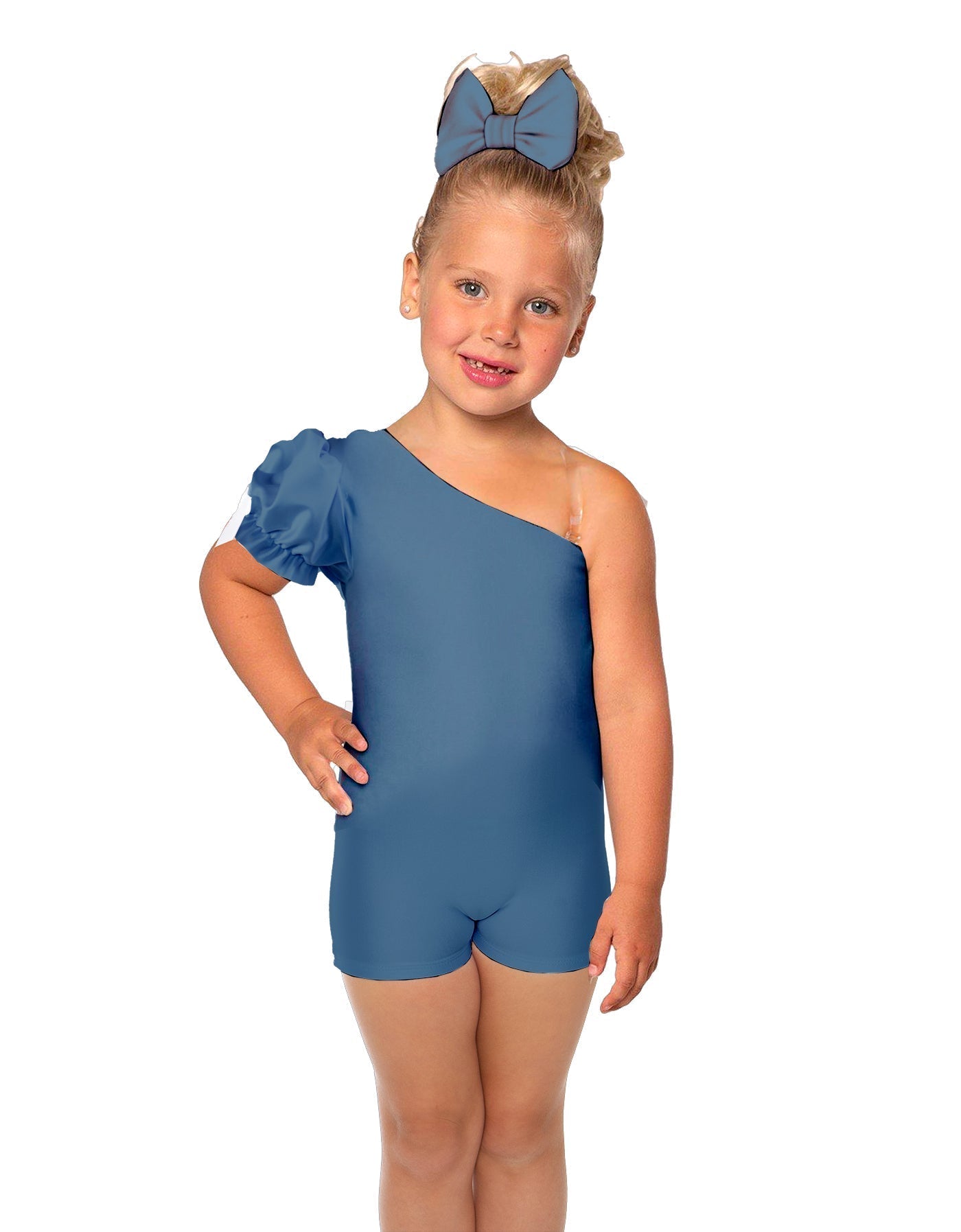 Solid Lycra One Shoulder Puff Sleeve Biketard