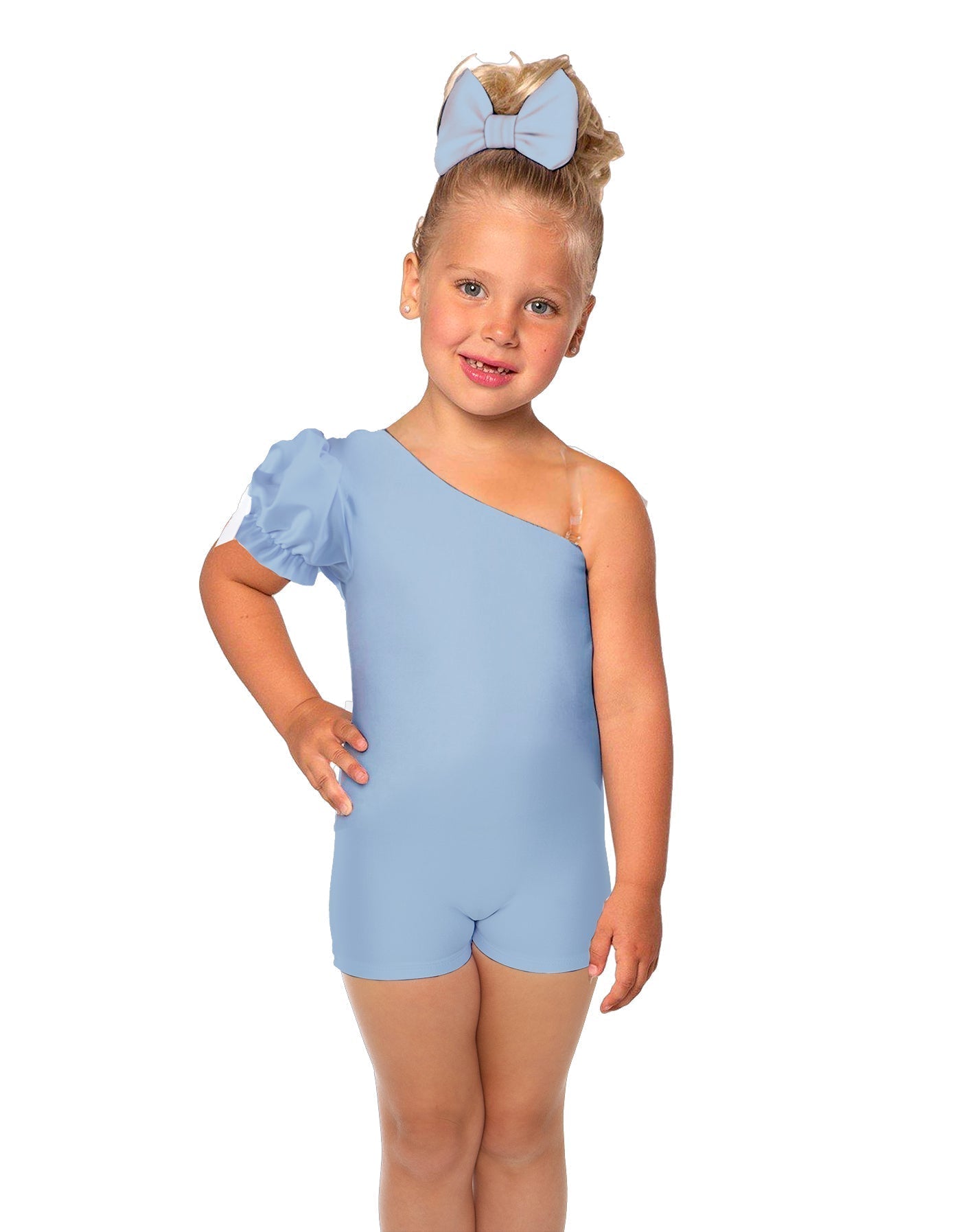 Solid Lycra One Shoulder Puff Sleeve Biketard