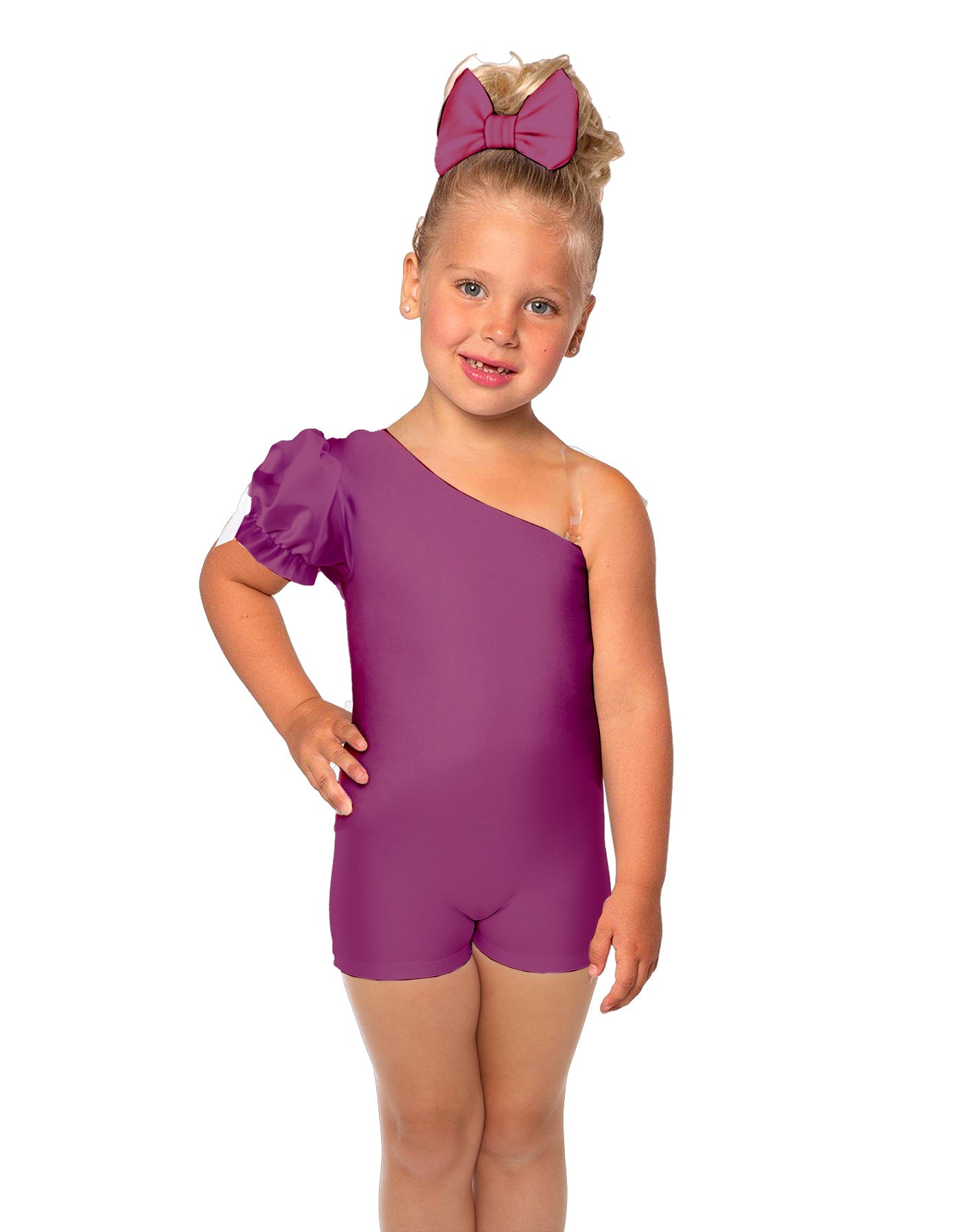 Solid Lycra One Shoulder Puff Sleeve Biketard