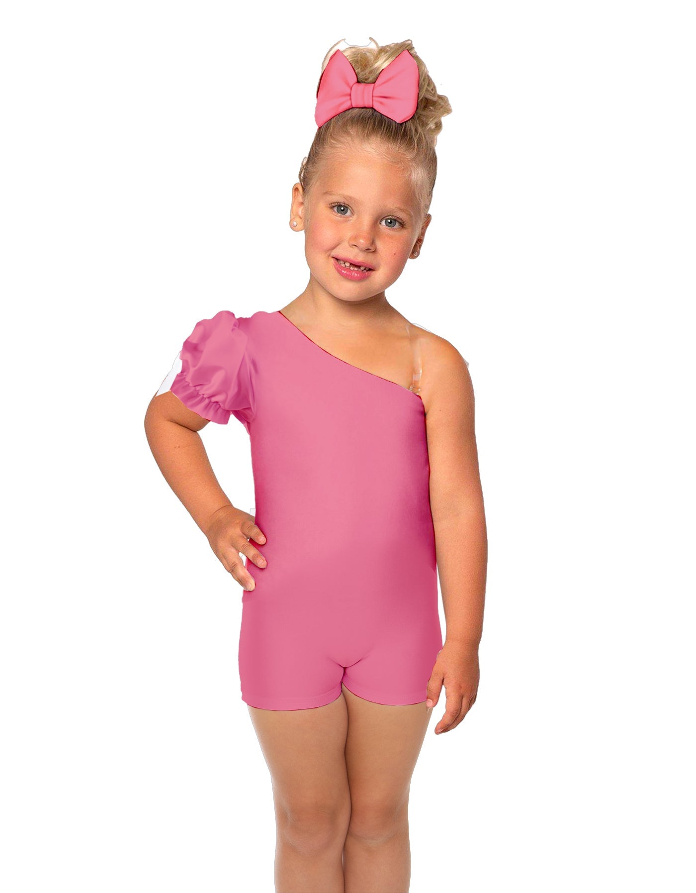 Solid Lycra One Shoulder Puff Sleeve Biketard