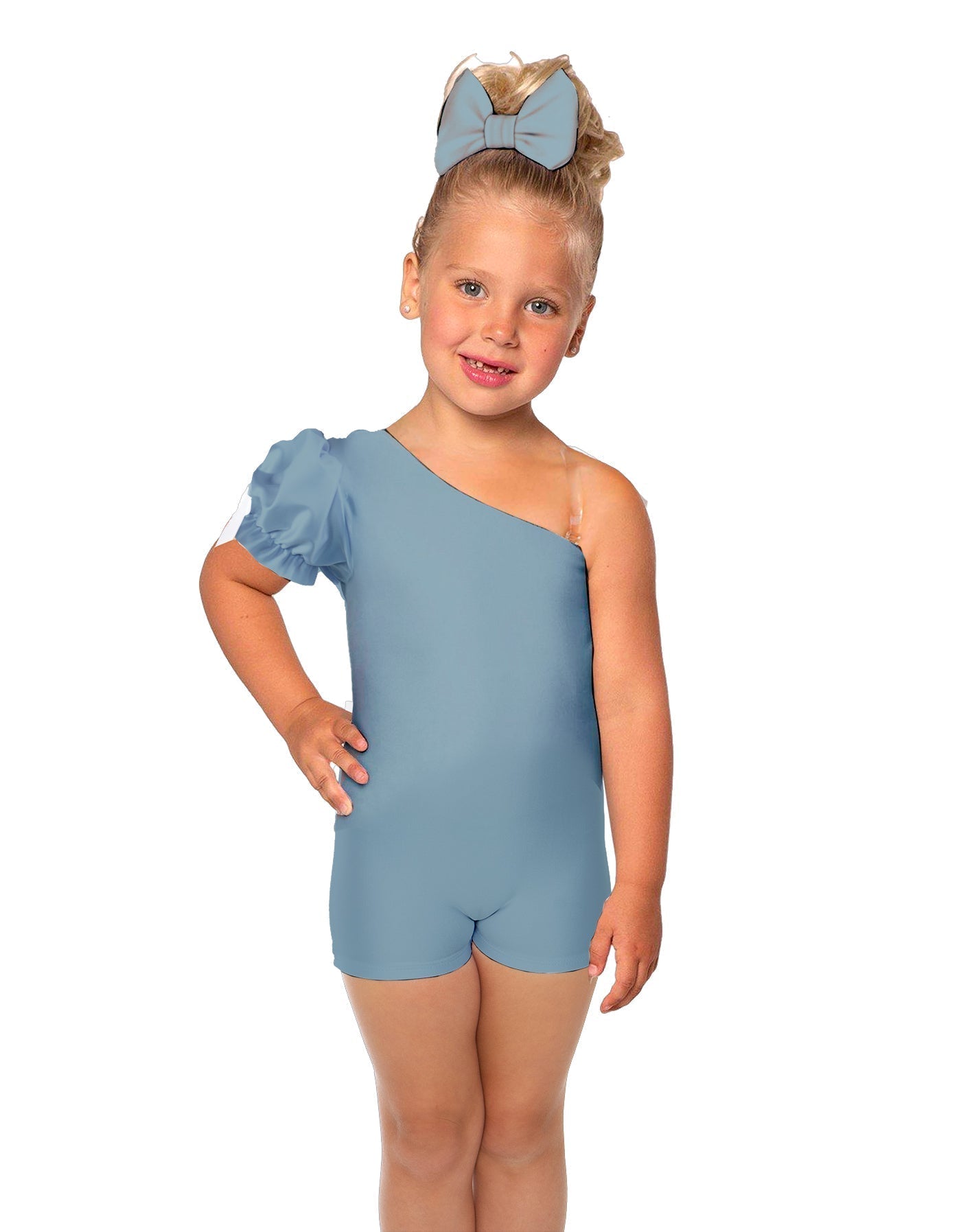 Solid Lycra One Shoulder Puff Sleeve Biketard